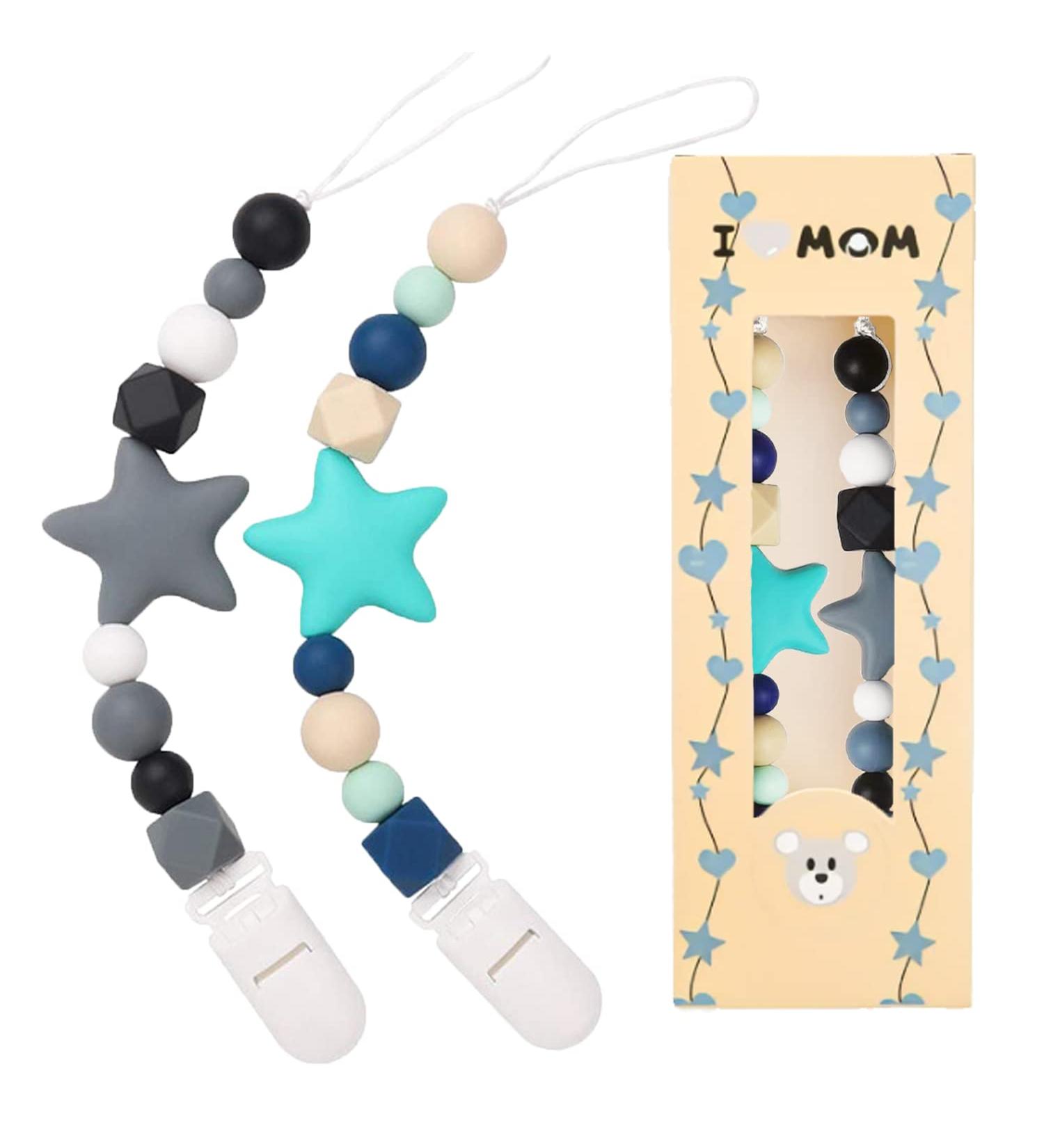 SILICONE BABY PACIFIER CLIP SET | Teething Toy with Star Pattern | 2 Pack | Universal Fit for Boys and Girls - Buy Online on SooperMarket.com