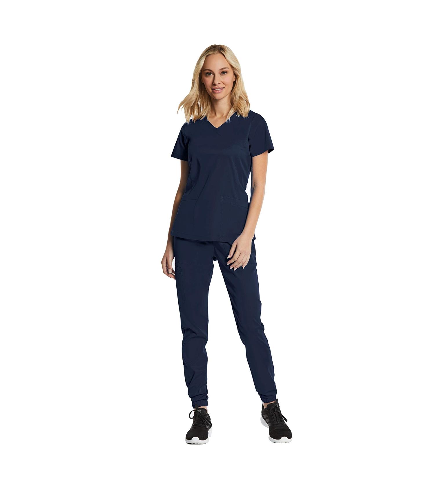 Scrubs for Women Set 7 Pocket 4-Way Stretch Mock Wrap and Jogger Pant Elements EL9905 Small Navy