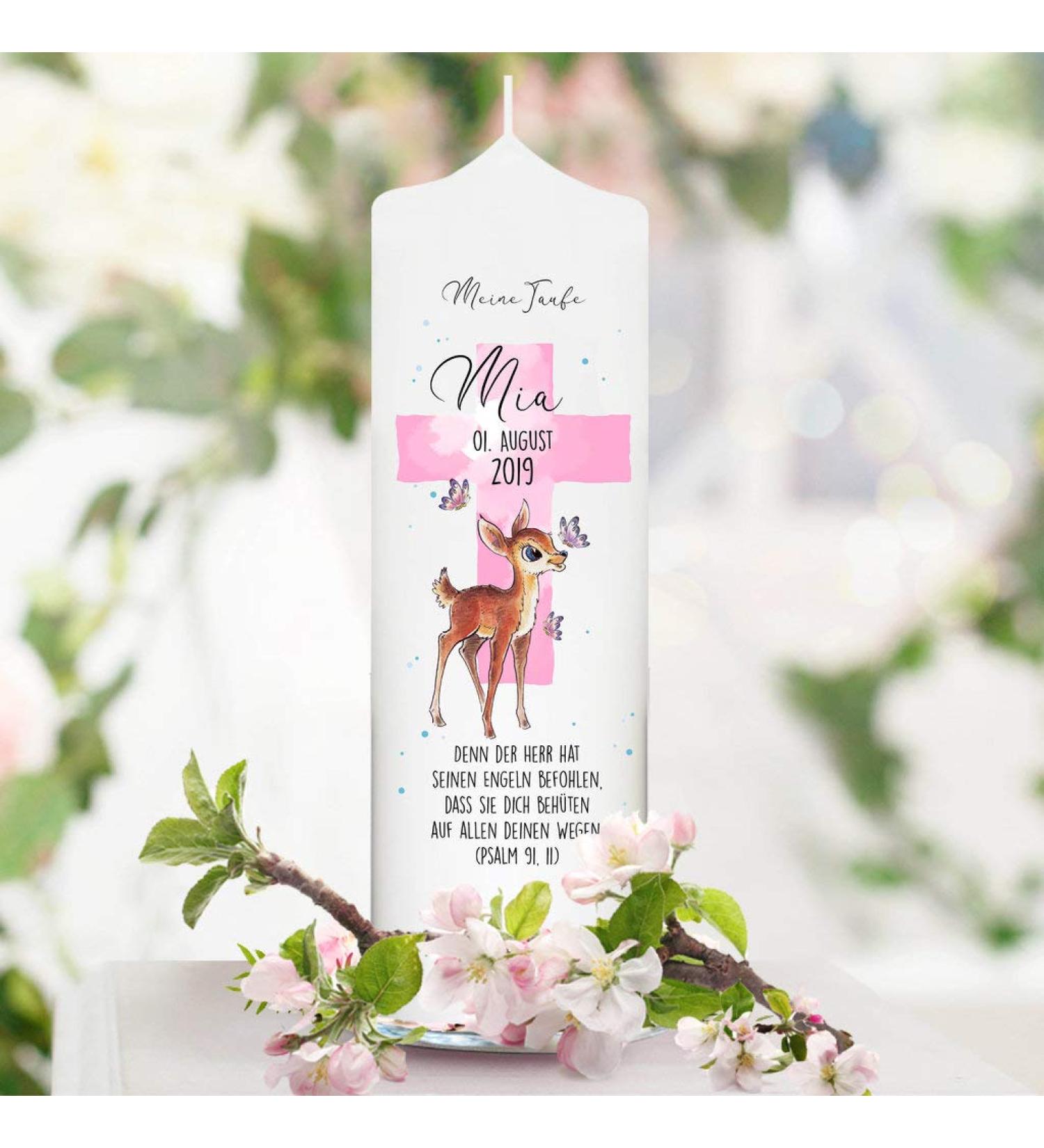 Wall sticker loft baptism candle cute fawn with butterflies - candle for baptism birth or communion - white 25 x 7 cm with name date possibly baptism / / girl with baptism.
