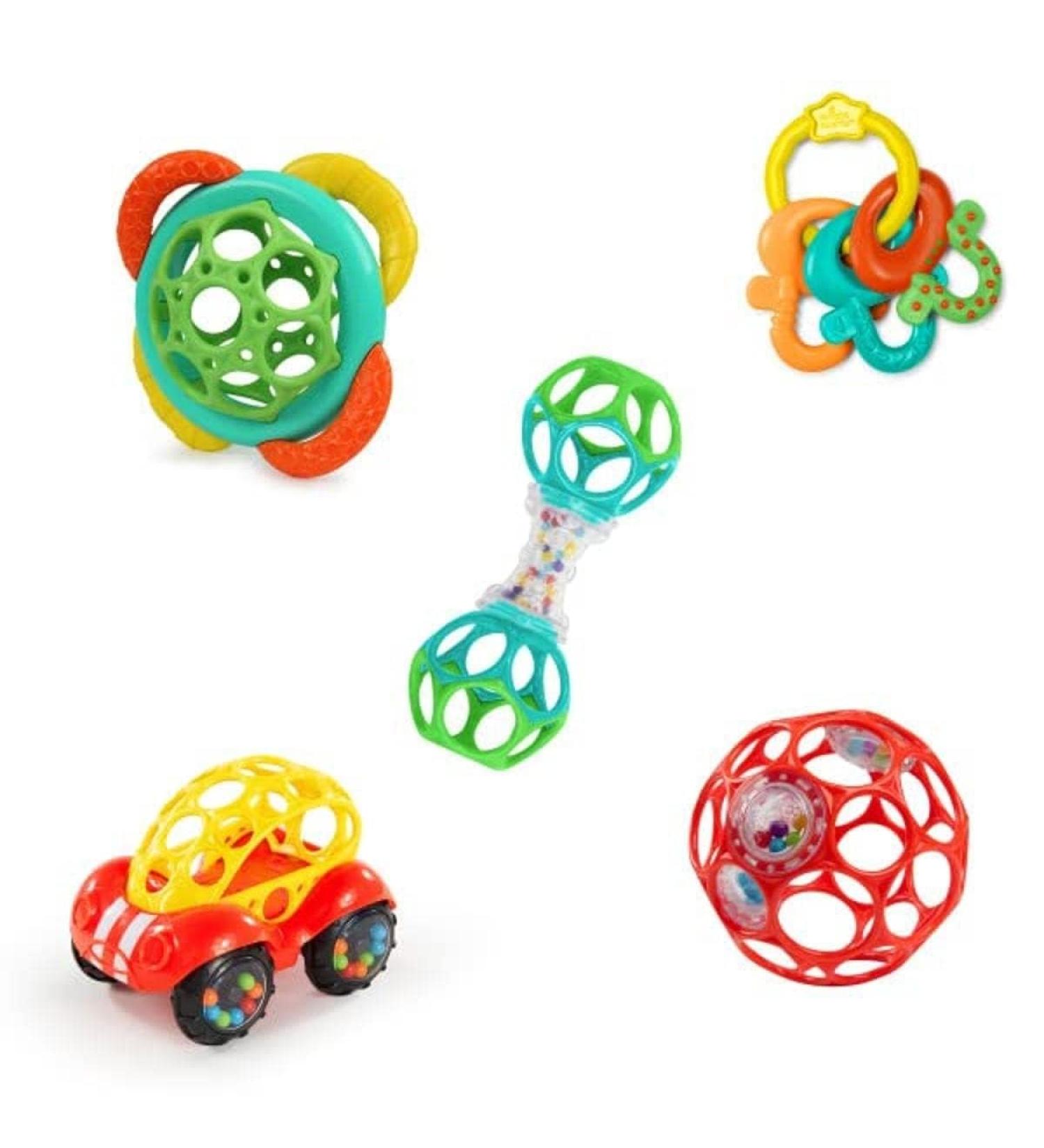 Bright Starts Soother & Shakers gift set 5 toys and 2 biting rings with different textures calm Wunde gums unisex newborn+