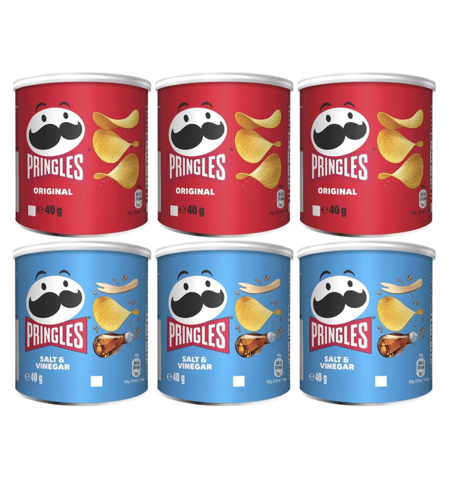 Snack Variety Bundle Containing Pringles Original Crisps Tub 40g x3 & Pringles Salt & Vinegar Tub 40g x3 (6 Pack) - Buy Online on SooperMarket.com