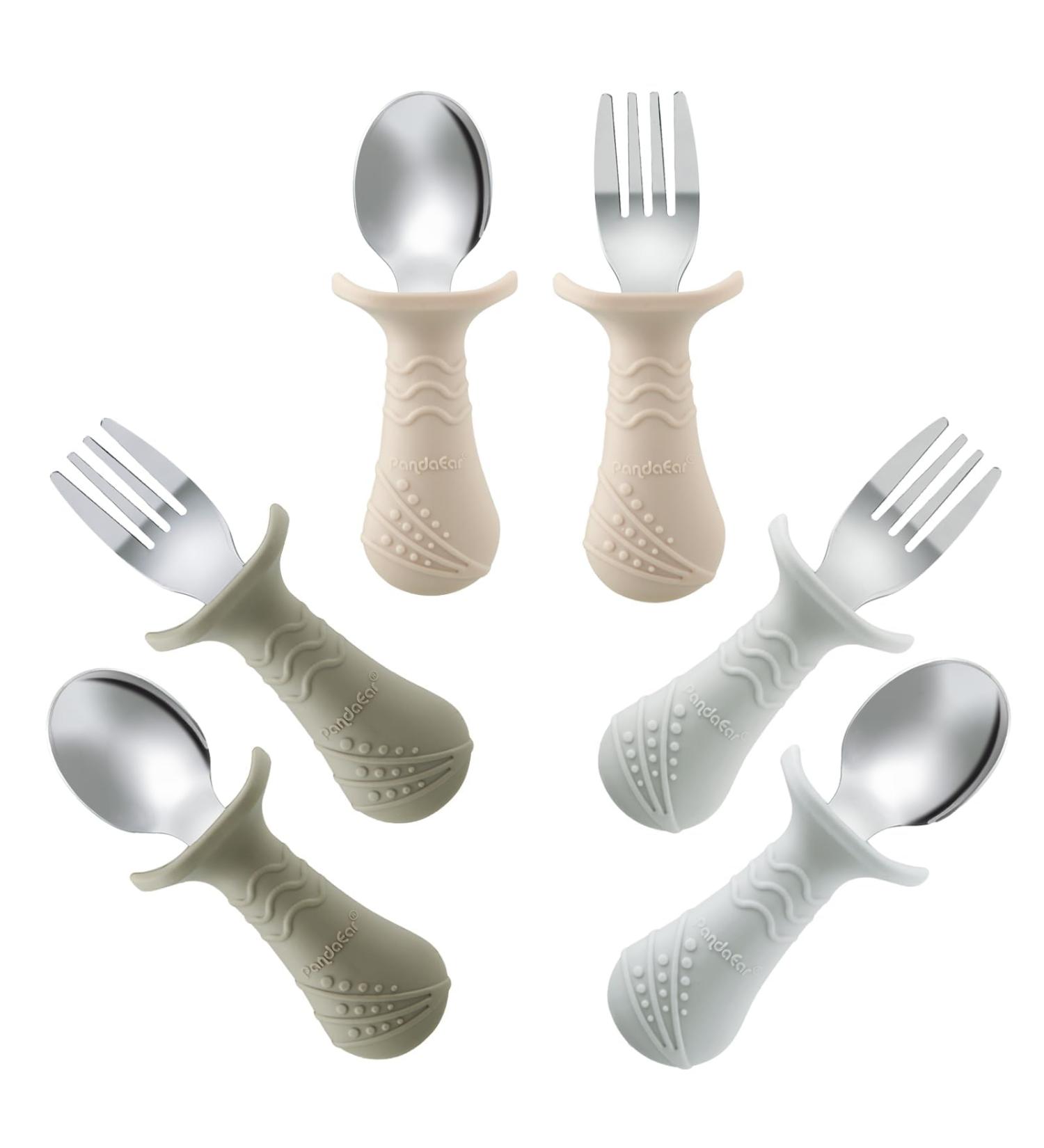 Pandaear 6-Piece Children's Cutlery Set | BPA-Free Silicone & Stainless Steel Baby Fork & Spoon | Anti-Choke Design | Ideal for 1-Year-Olds | Light Brown - Buy Online on SooperMarket.com