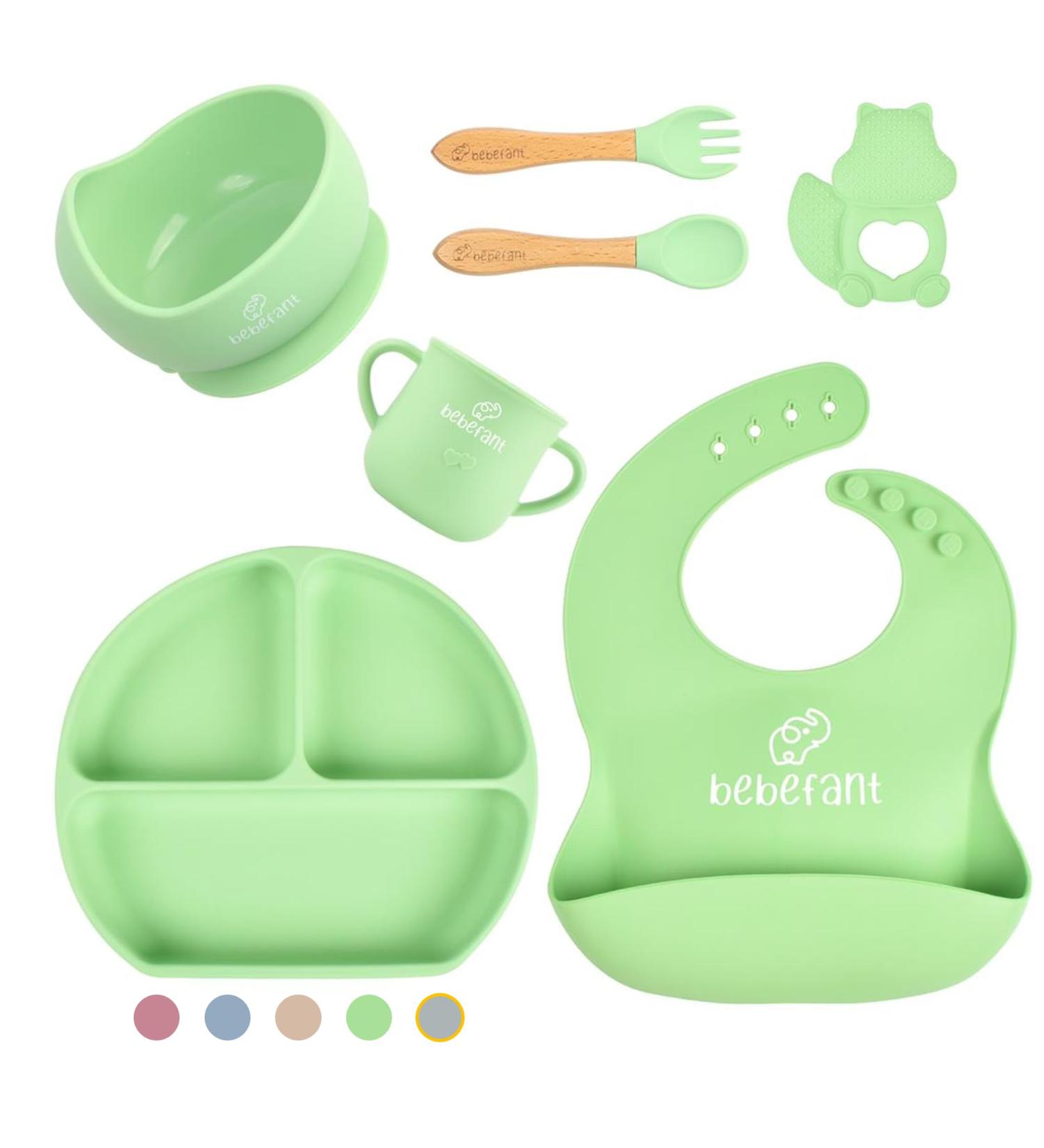 Bebefant Silicone Baby Weaning Set | Suction Bowl, Plate, Cup, Bib, Cutlery | Baby Led Weaning 6-Piece Set - Green - Buy Online on SooperMarket.com