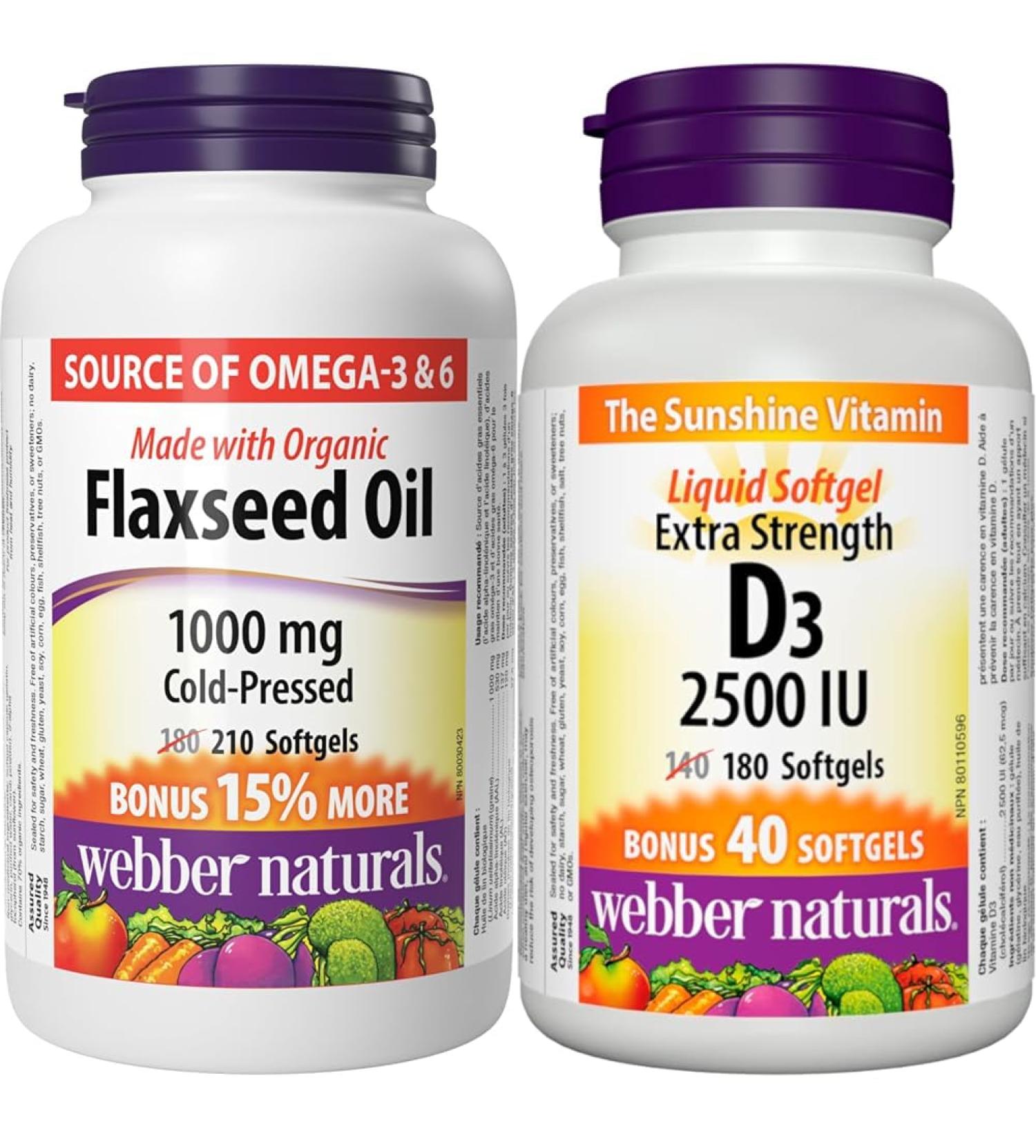 Webber Naturals Flaxseed Oil 1000 mg 210 Softgels Plant Source Omega-3 For Heart Brain & Vitamin D3 2500 IU Extra Strength 180 Softgels For Healthy Bones Teeth - Buy Online on SooperMarket.com