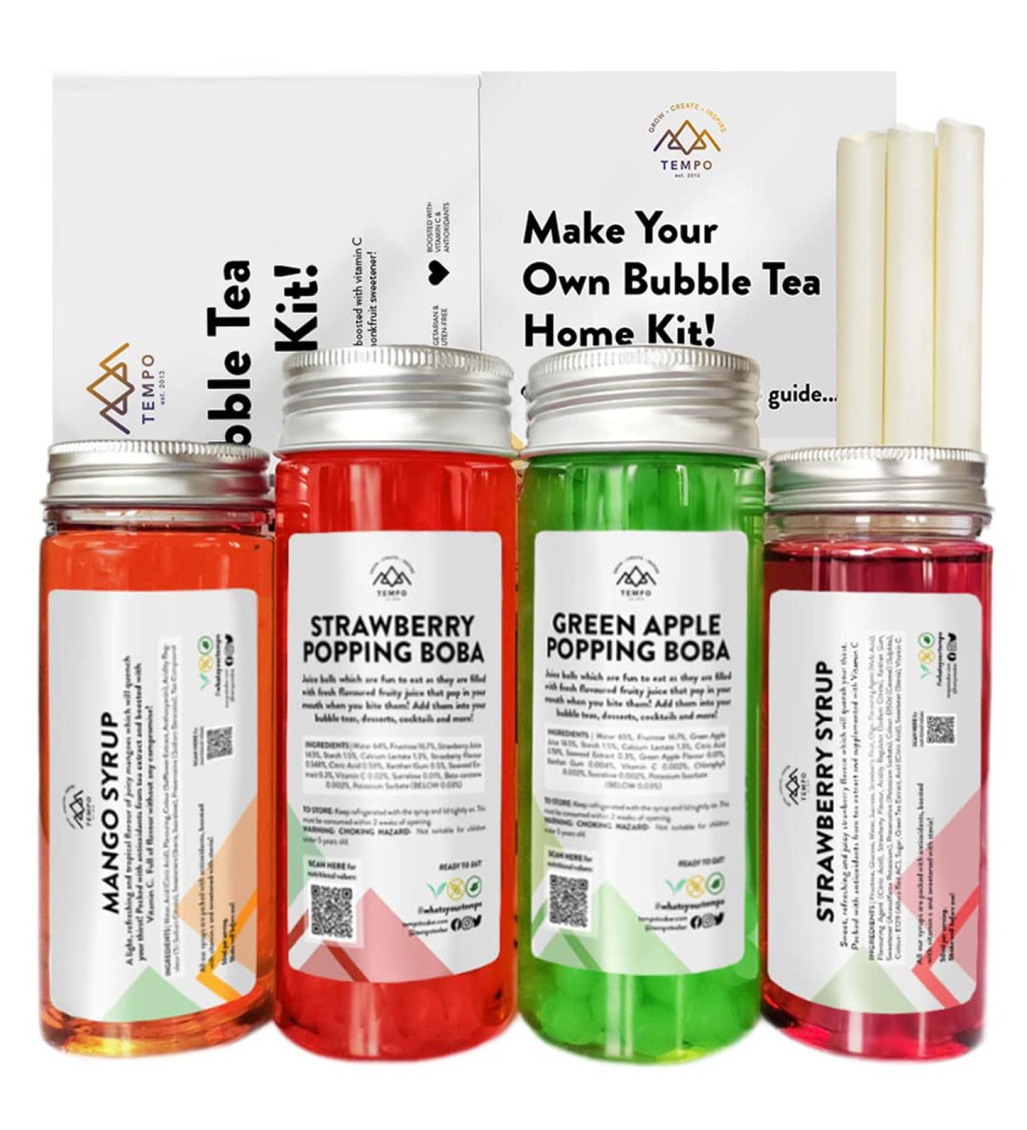 Bubble Tea Kit - Mango & Strawberry with Apple & Strawberry Popping Boba | Serves 6 | Low Calorie & Low Sugar Fruit Tea Concentrate - Buy Online on SooperMarket.com