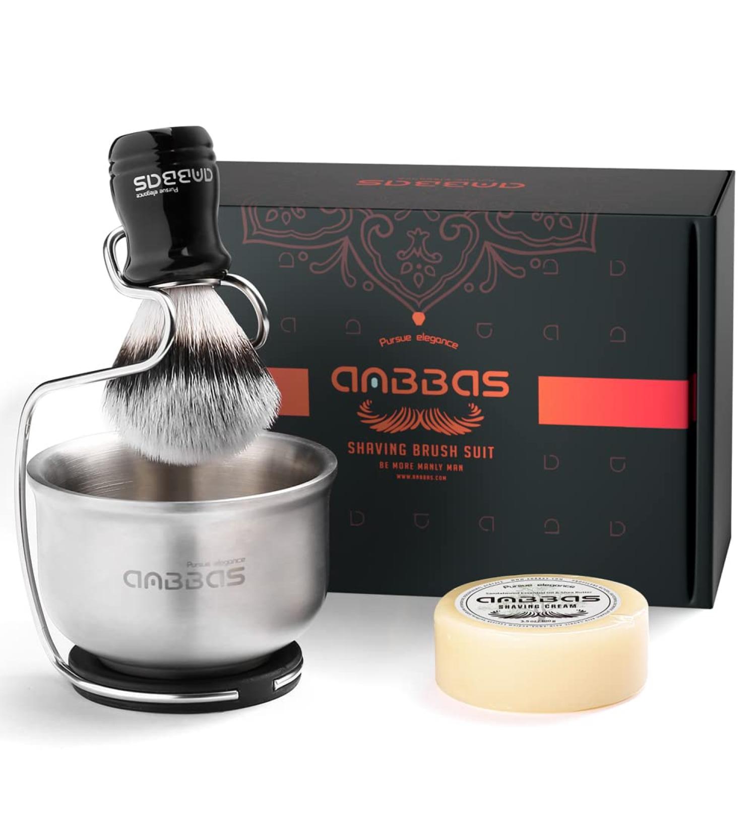 ABBAS 4in1 Synthetic Dachs Razor Brush Set | Stainless Steel Stand & 3.5oz Natural Shaving Soap | Premium Men's Wet Shaving Kit - Buy Online on SooperMarket.com
