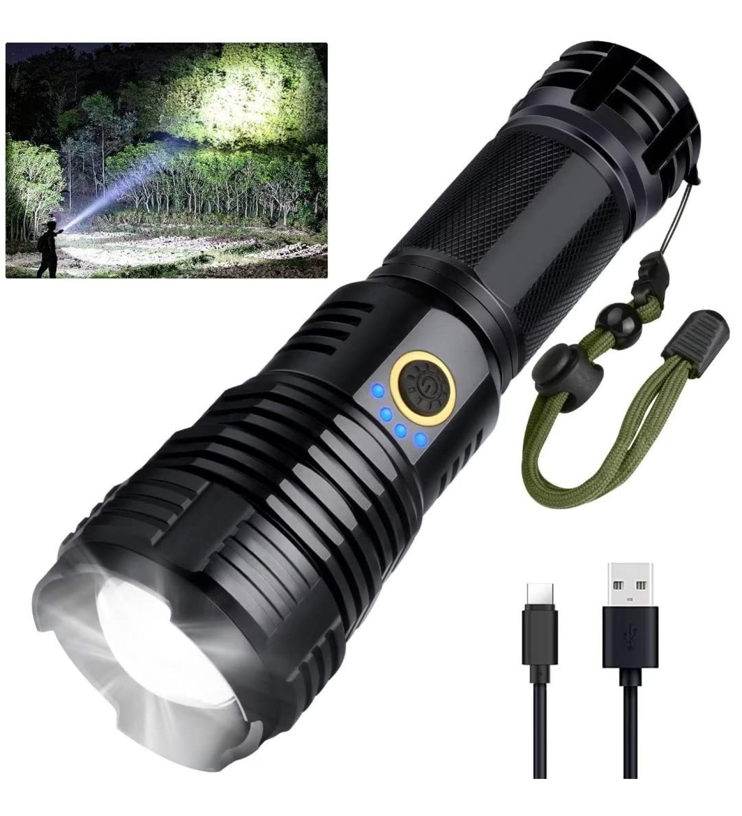 BengMxj Rechargeable LED Flashlight | 90000 Lumens XHP70 Tactical Flashlight with Zoom | 5 Modes | Waterproof for Emergencies, Camping, Hiking - Buy Online on SooperMarket.com