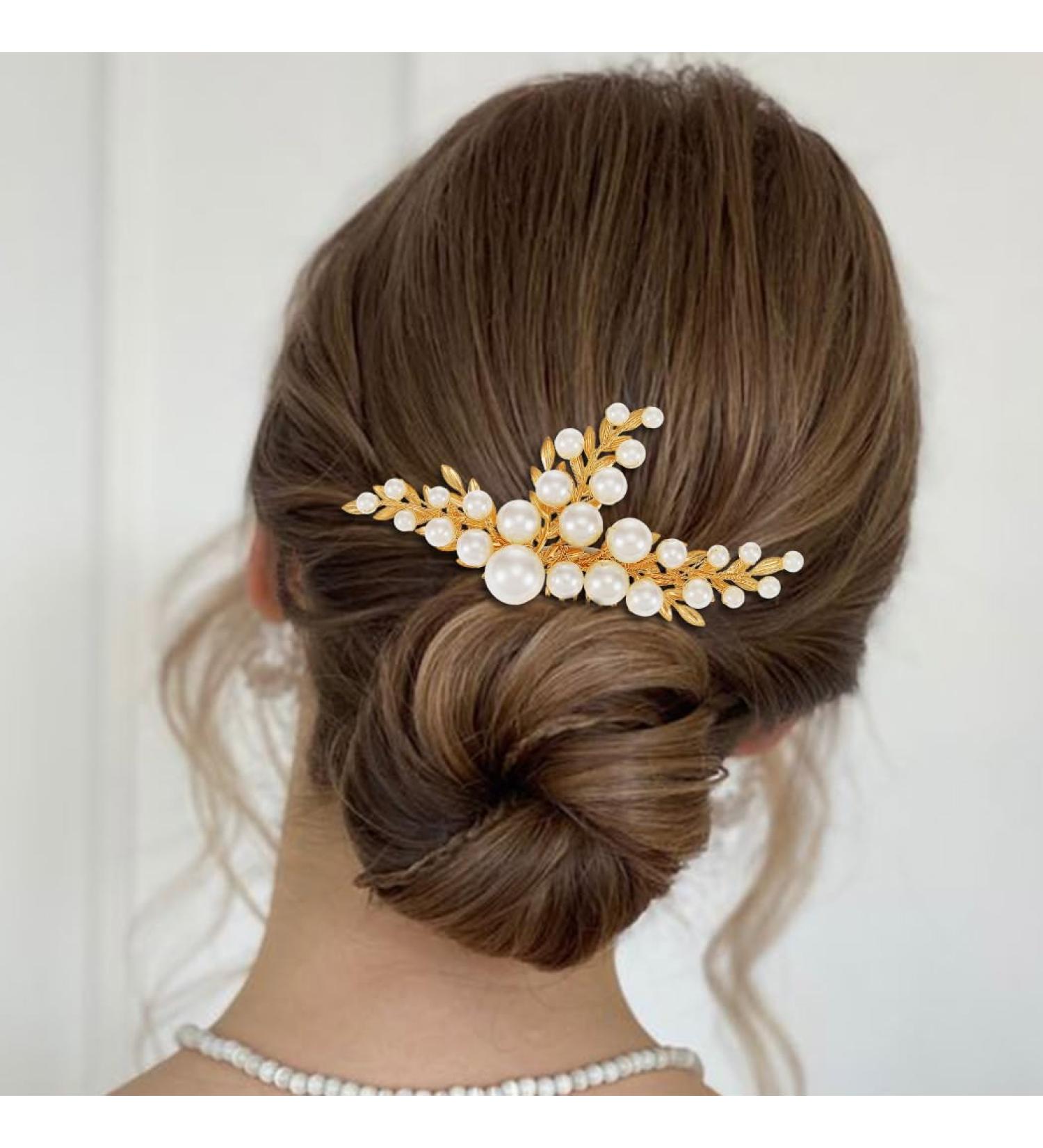 Handcess Bridal Wedding Hair Comb Gold Pearls Hairpiece Leaf Bridal Side Combs Wedding Hair Accessories for Women and Girls - Buy Online on SooperMarket.com