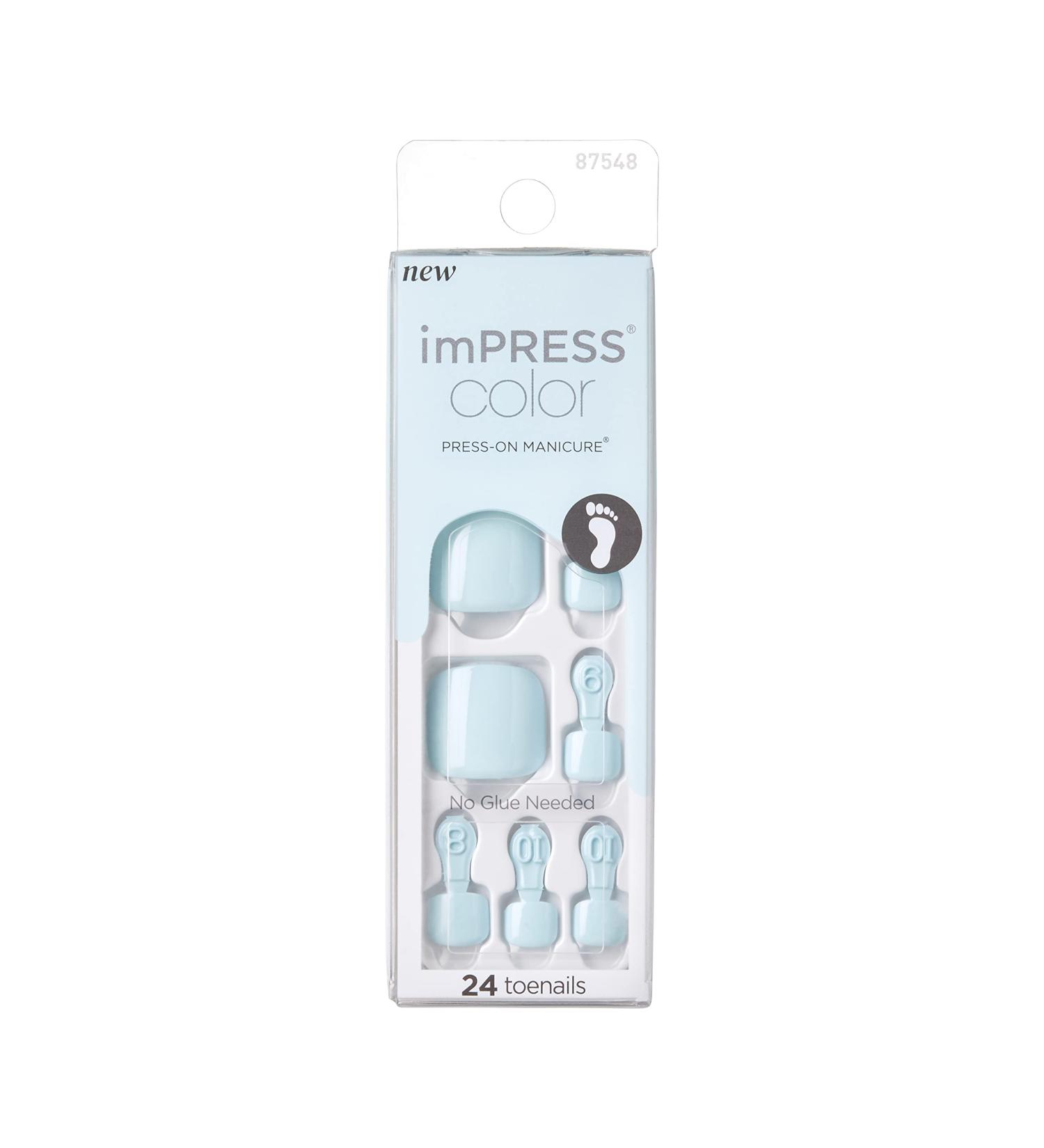 KISS imPRESS Dream Glow Pedicure Press-On Fake Toenails Kit - Light Blue Square Nails with Prep Pad, File, Stick - 24 Nails - Buy Online on SooperMarket.com