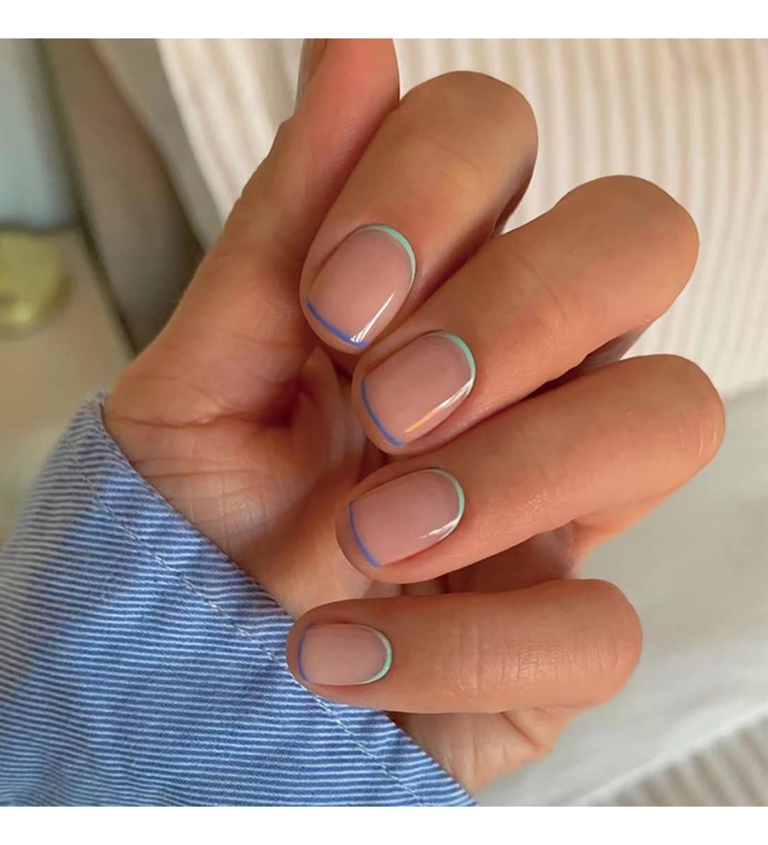 Simple French Blue Green Edge Nail Press on Nails Short Square Glossy False Nail Daily Manicure 24 Pcs 16 - Buy Online on SooperMarket.com