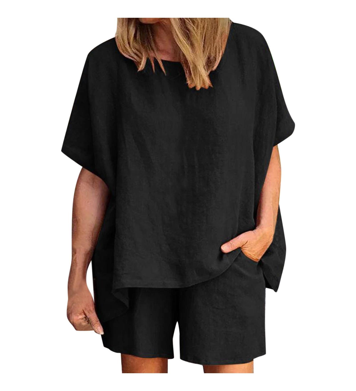 Ladies Casual Black Cotton Linen Two Piece Shorts Suit - Medium - Buy Online on SooperMarket.com