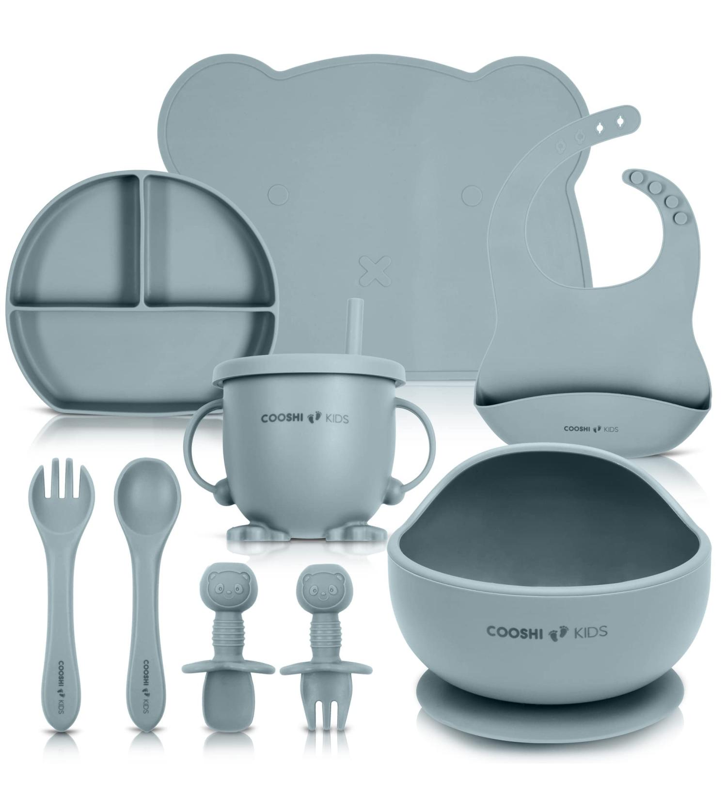 Cooshi Kids Baby Self Feeding Tableware Set - Suction Plate, Bowl, Sippy Cup, Bib, Placemat, Cutlery Set - 9 Piece Blue Set for Easy Weaning - Buy Online on SooperMarket.com