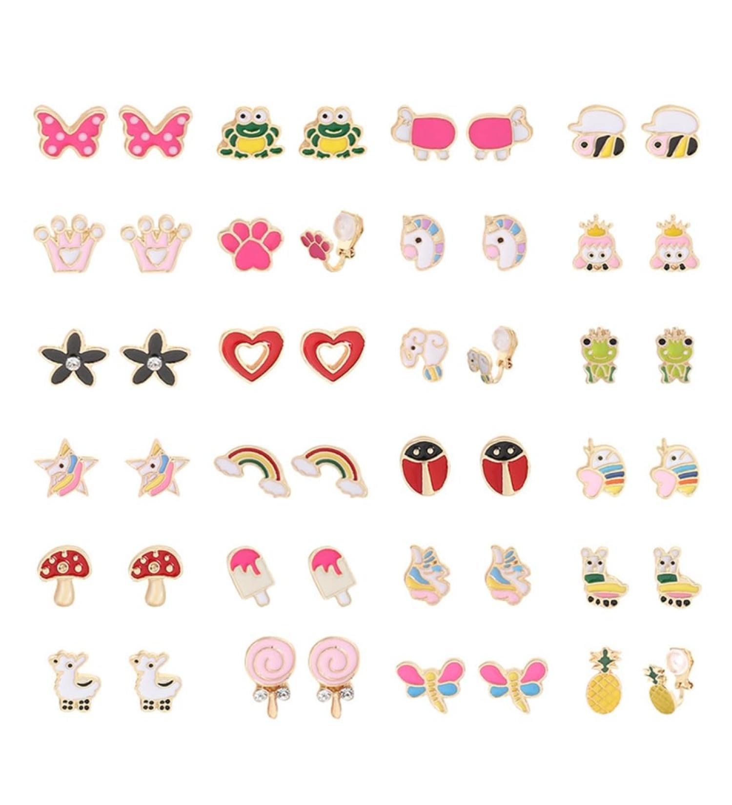 24 Pairs Mixed Color Clip-on Earrings Set - Animals, Heart, Flowers, Mushroom Design for Ladies - Painless Non-perforated Earrings - Buy Online on SooperMarket.com