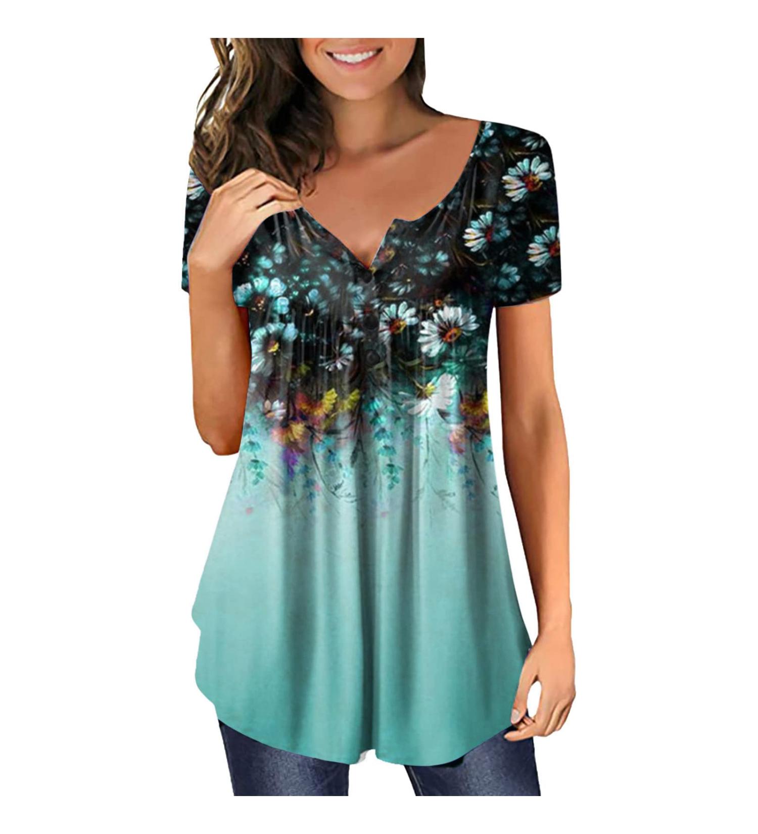 JEGULV Plus Size Green Boho Floral Print Tee - Women's Short Sleeve Tunic - Buy Online on SooperMarket.com