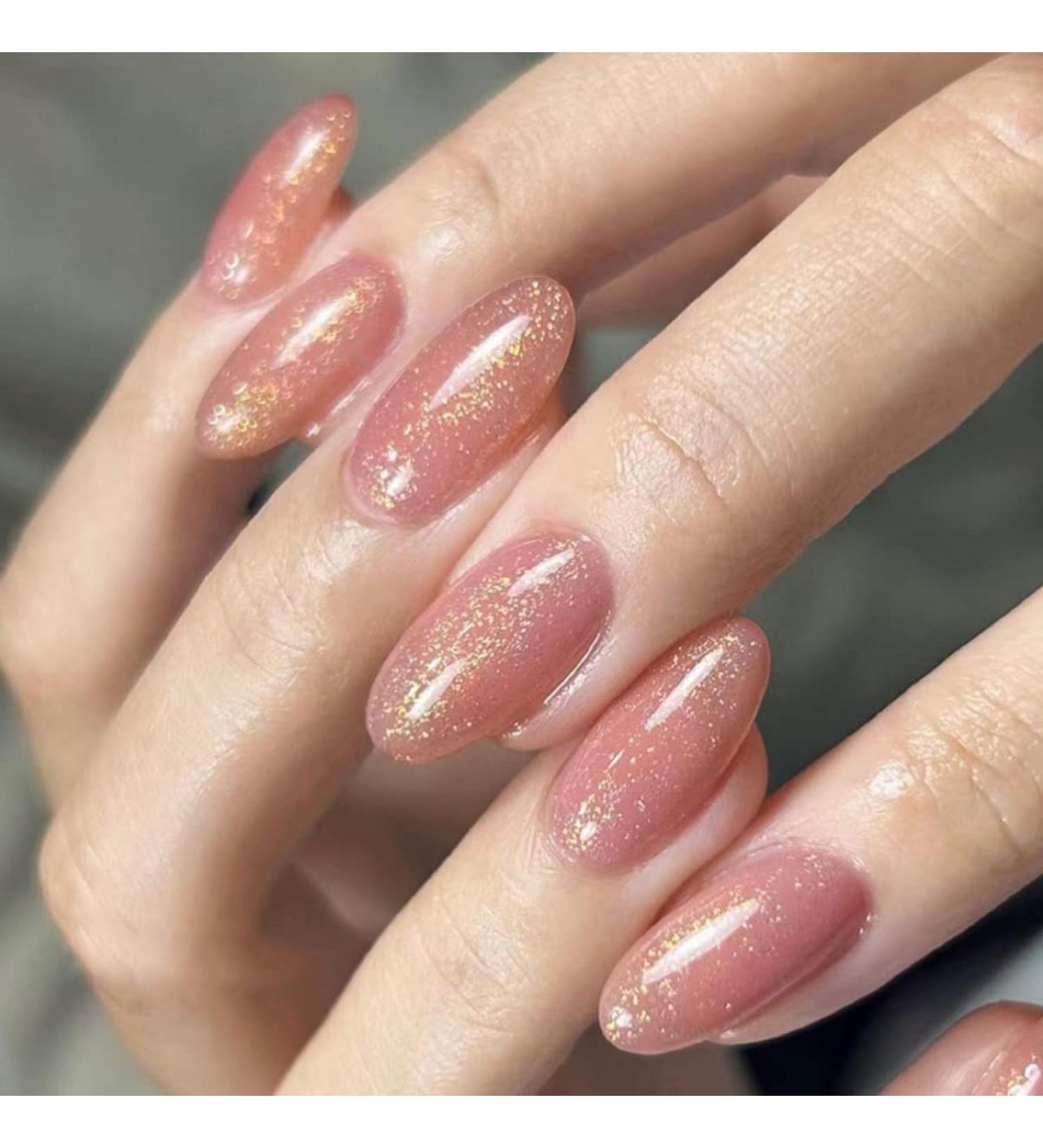 Justotry 24 Pcs Glitter Oval Short False Nails Blush Pink French Press on Nails | Nail Art Set with Nail Glue | Almond Medium Stick on Nails for Women - Buy Online on SooperMarket.com