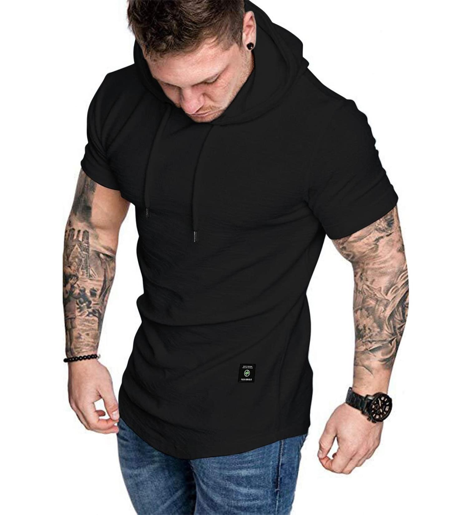 Aiyino Men's Short Sleeve Athletic Hoodie - Solid Color Fashion Pullover | Black - Buy Online on SooperMarket.com