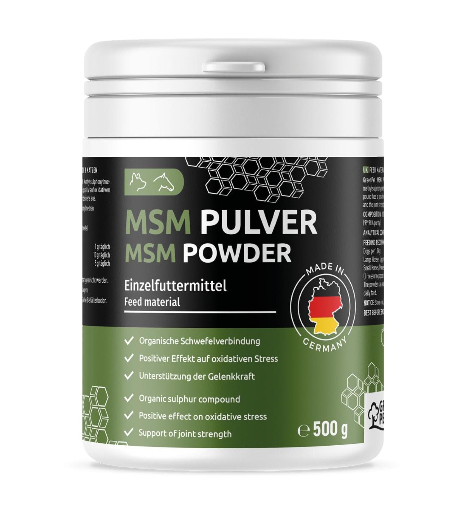 Greenpet MSM Powder for Dogs & Horses | 500g High-Purity Methylsulfonylmethane | 99.94% Pure Organic Sulfur for Joint Health Tendons & Cartilage Support - Buy Online on SooperMarket.com