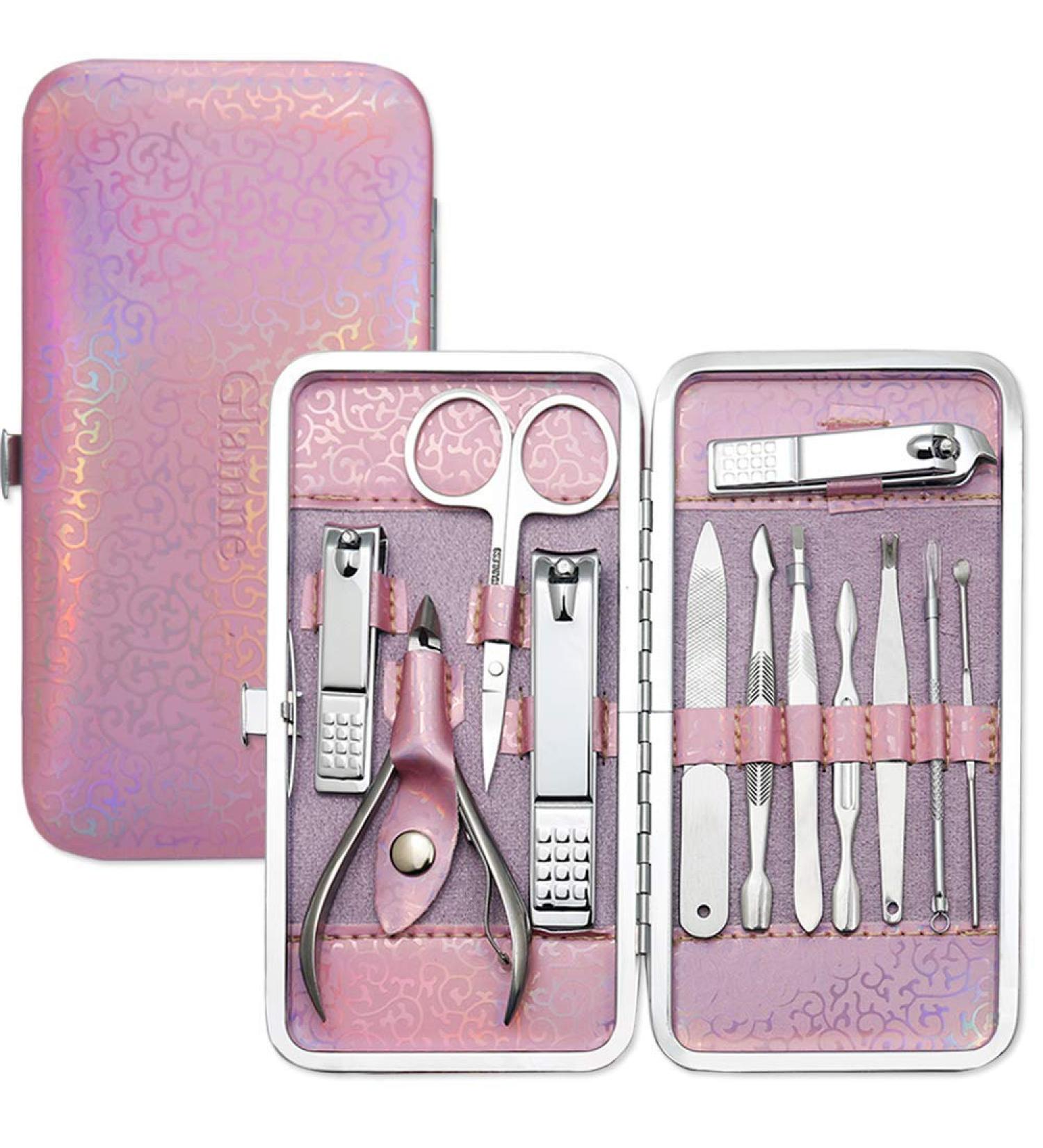 Glamne Manicure Pedicure Set Tools Professional Stainless Steel Nail Care Kits with Holographic Travel Case(Pink) - Buy Online on SooperMarket.com