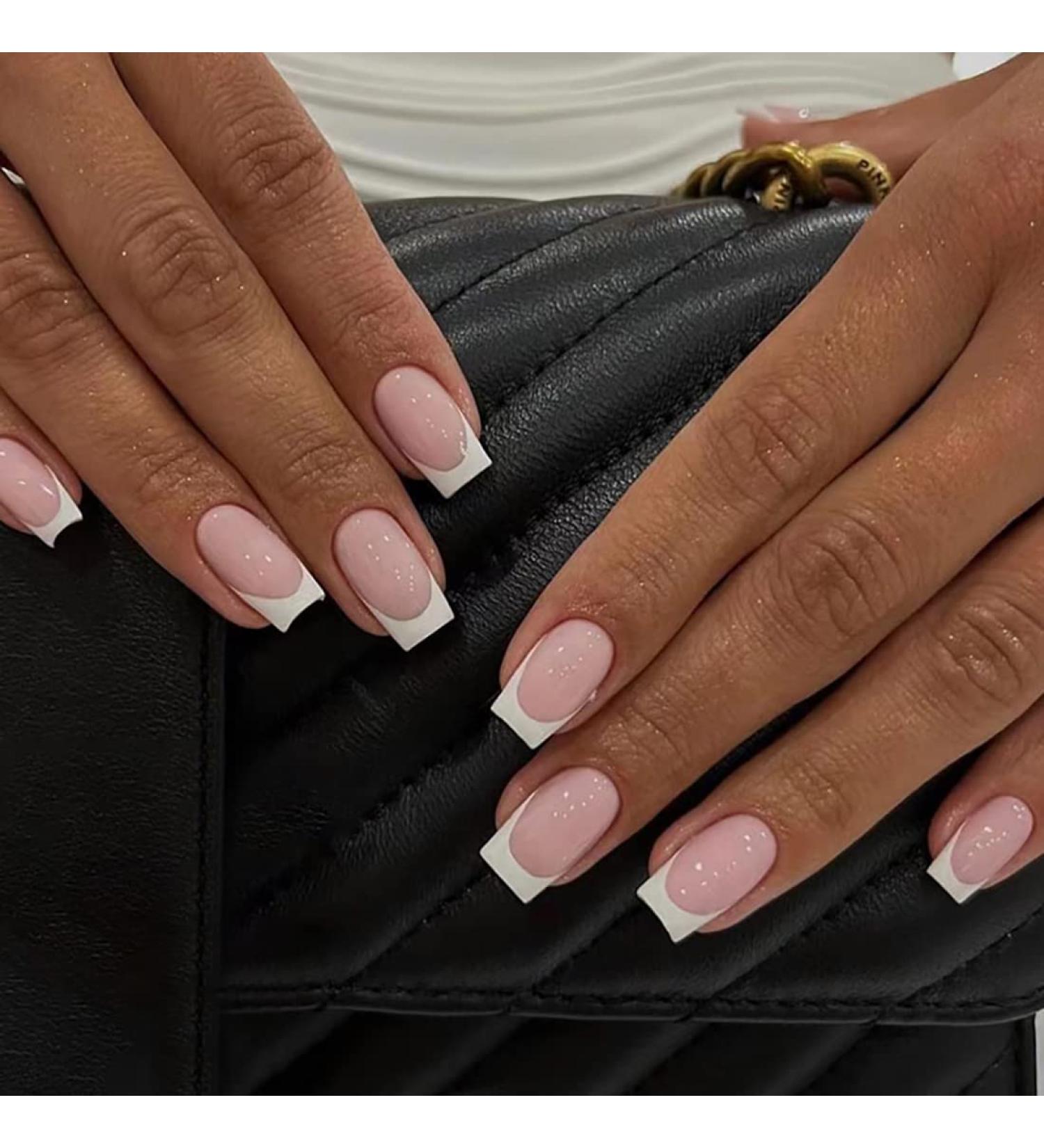 24 PCS White French Tip Press on Nails Pink False Nails | Glossy Square Fake Nails for Women | Full Cover Stick on Nails - A Style - Buy Online on SooperMarket.com