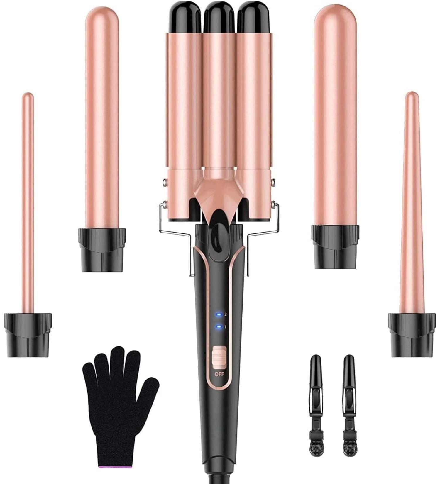 Bestope 5-in-1 Wave Iron Set - Ceramic Curling Rods with Adjustable Temperature Fast Warming Gloves & Clips - Perfect for Large Curls - Elegant Rose Gold - Buy Online on SooperMarket.com