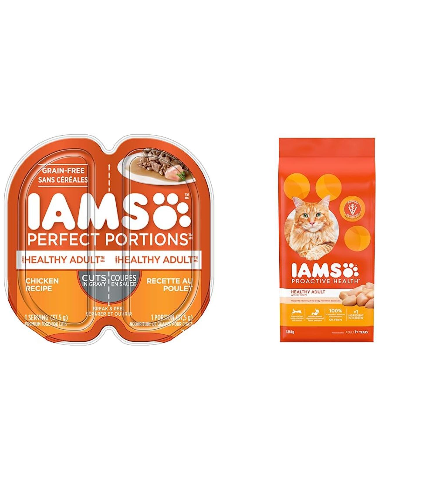 IAMS Perfect PORTIONS Healthy Adult Wet Cat Food Cuts in Gravy - Chicken Flavour 75g Tray (24 Pack) Orange & PROACTIVE HEALTH Healthy Adult Dry Cat Food with Chicken 3.18kg bag Cat Food+ Cat Food - Buy Online on SooperMarket.com