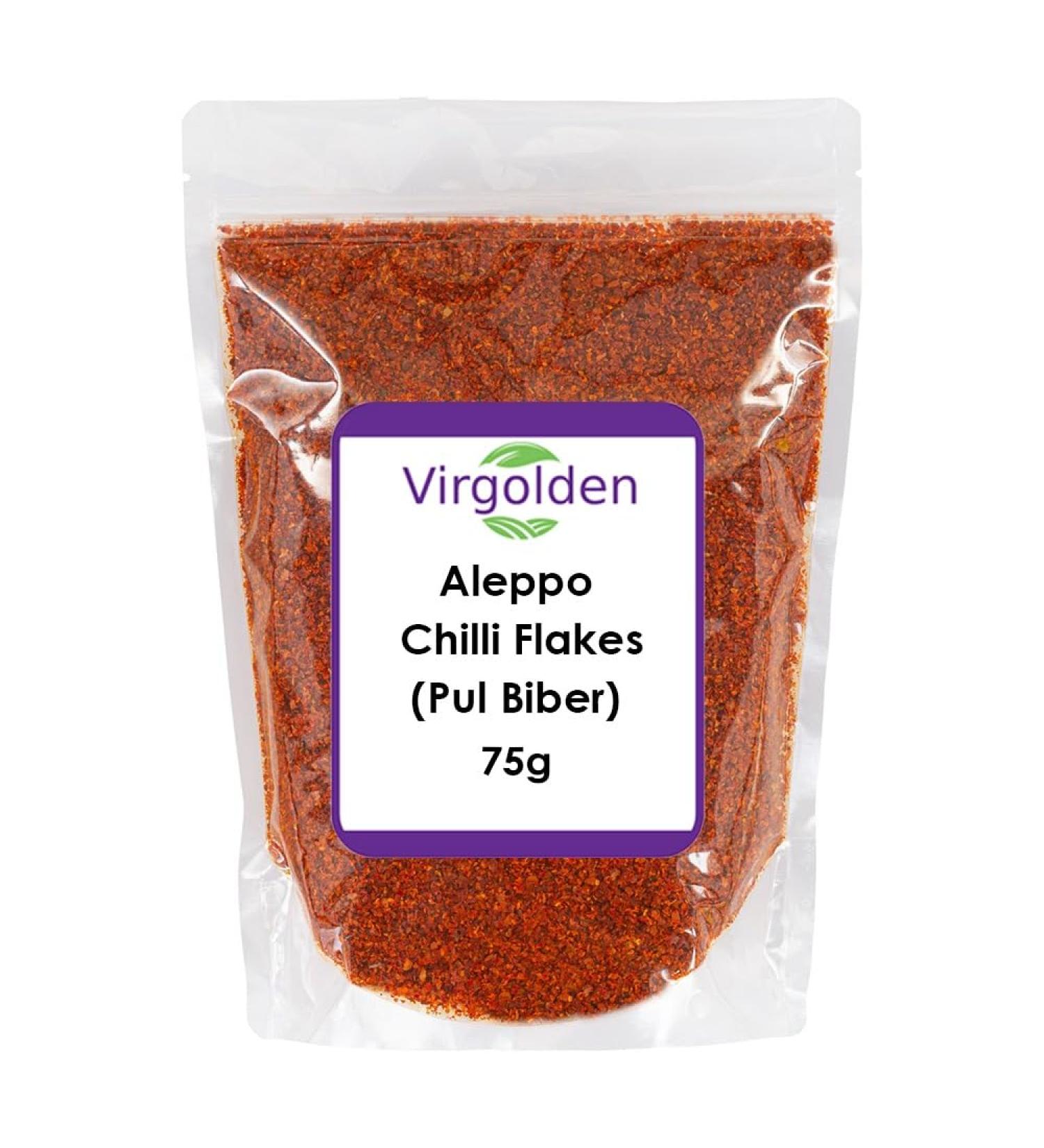 Aleppo Chilli Flakes (Pul Biber) Turkish Chilli 75g by Virgolden - Pul Biber Semi-Dried Red Pepper Middle East Cuisine Mildly Hot Marash Pepper - Buy Online on SooperMarket.com