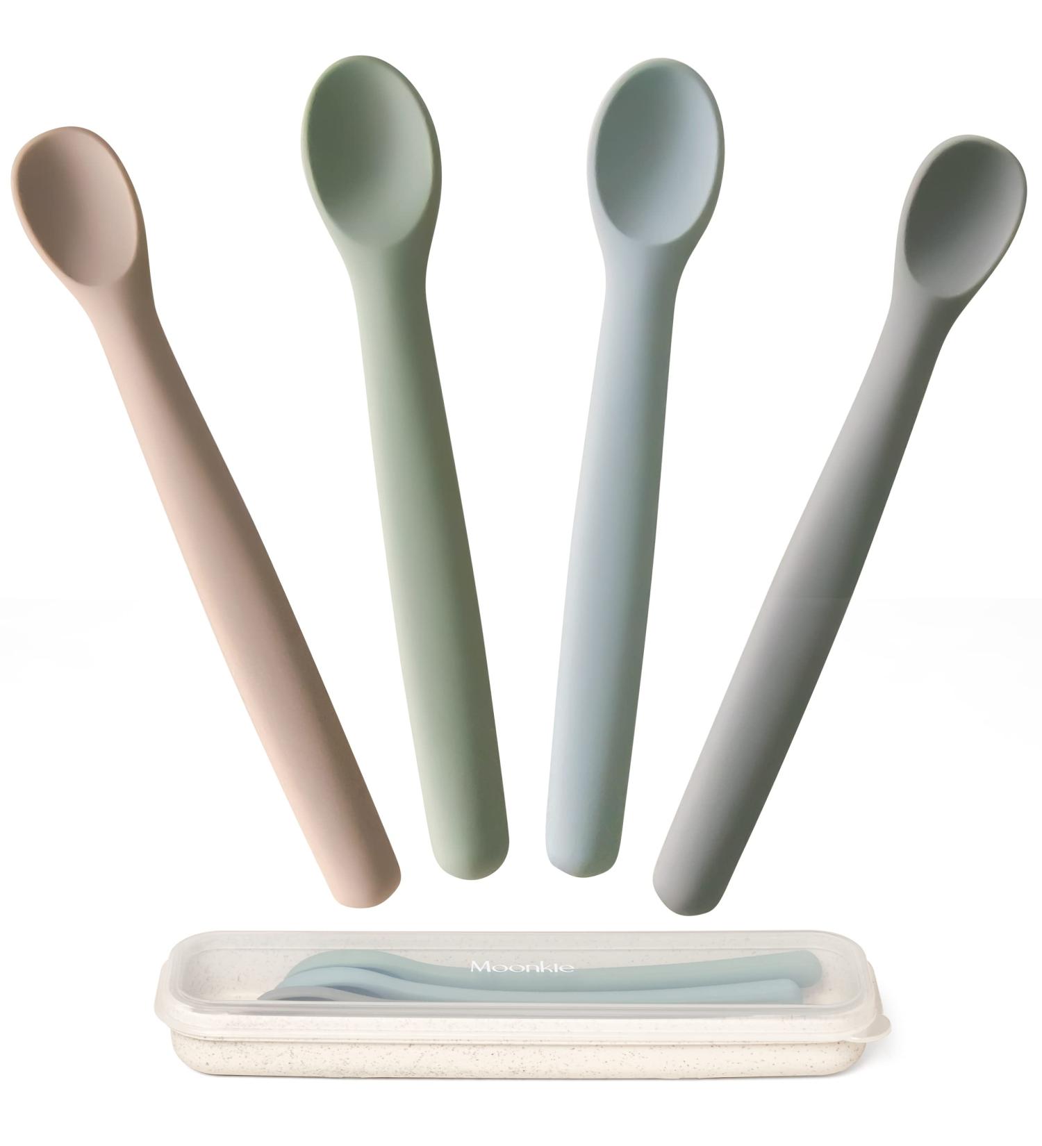 Moonkie Silicone Baby Spoons Set of 4 - Soft-Tip Spoons for Infant Feeding - Chewproof & Bendable - Ideal for Self-Feeding & Baby Led Weaning - Grey/Warm Taupe/Ether/Sage - Buy Online on SooperMarket.com