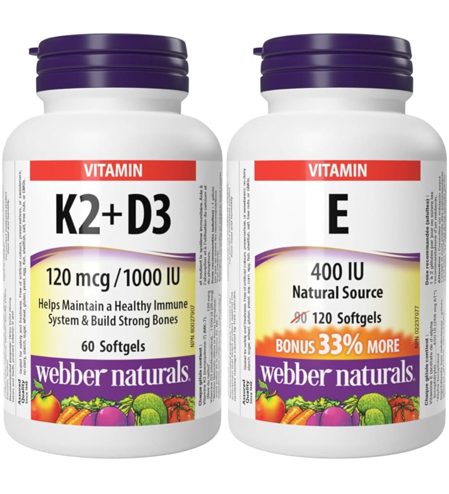 Webber Naturals Vitamin K2 with D3 60 Softgels Helps Support Bones Teeth and Immune Function Gluten & Dairy Free & Vitamin E 400 IU 120 Softgels Natural Source of Vitamin E Vitamin+ Softgel - Buy Online on SooperMarket.com