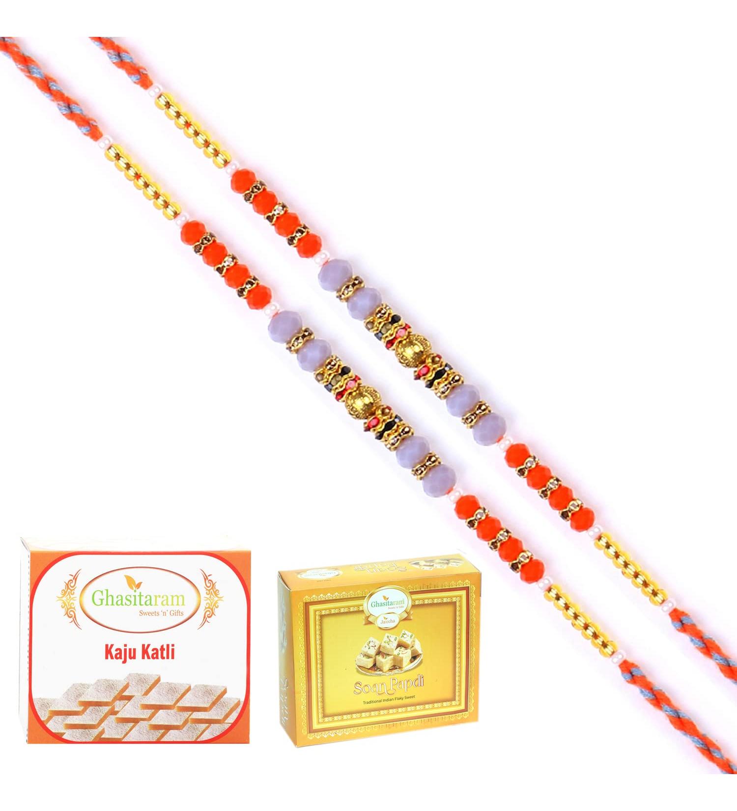 Ghasitaram Gifts Rakhi for Brother Rakhis Online - Set of 2-6497 Fancy Thread Rakhi with 200 GMS of Kaju katli and 200 GMS of Soan Papdi 2 Rakhis with 200 gms of Kaju katli and Soan Papdi - Buy Online on SooperMarket.com