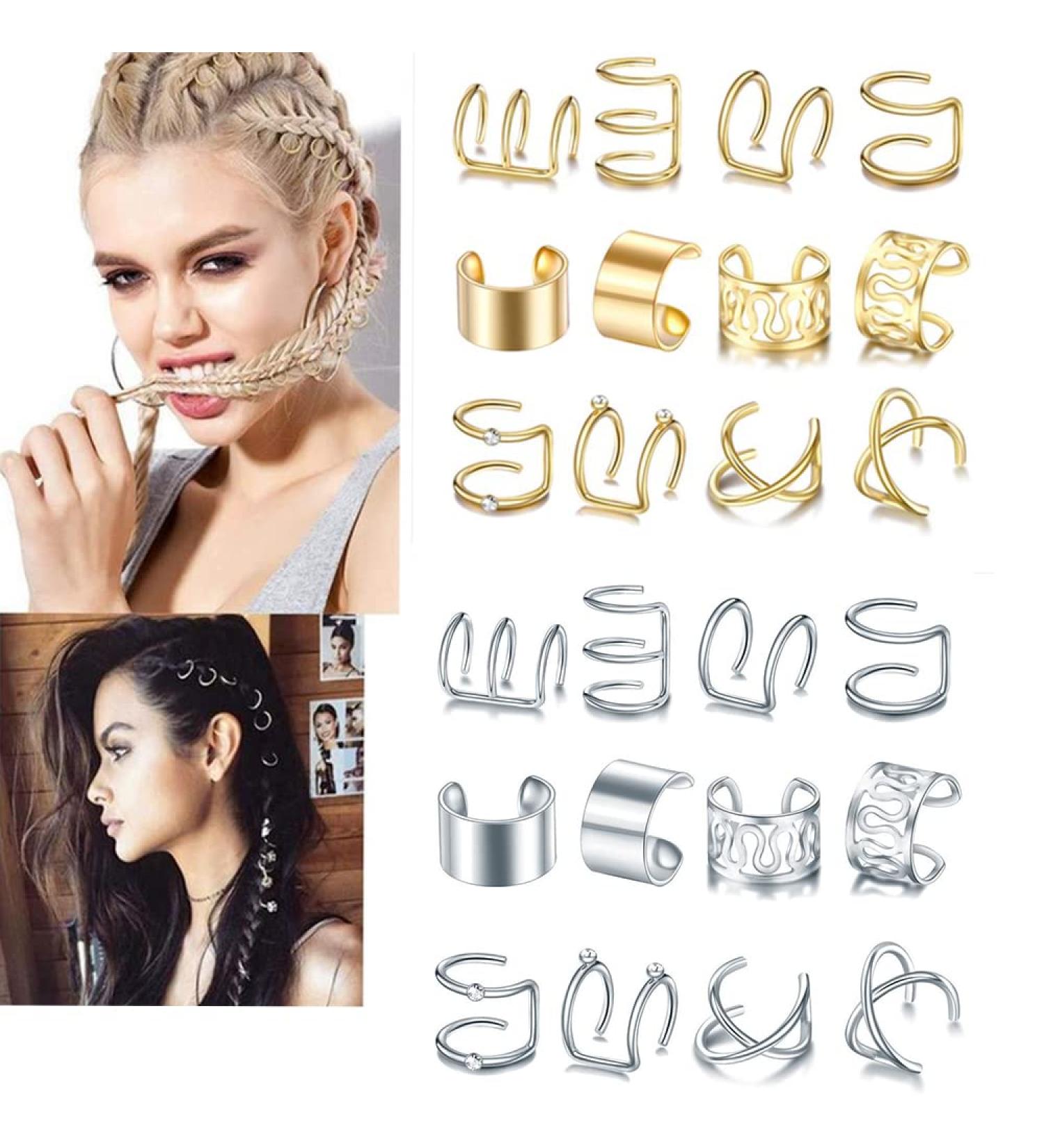 48Pcs Gold Silver Hair Braids Dreadlock Beads Cuffs Clips for Women Men - Non-Piercing Ear Beard Hair Accessories - Buy Online on SooperMarket.com