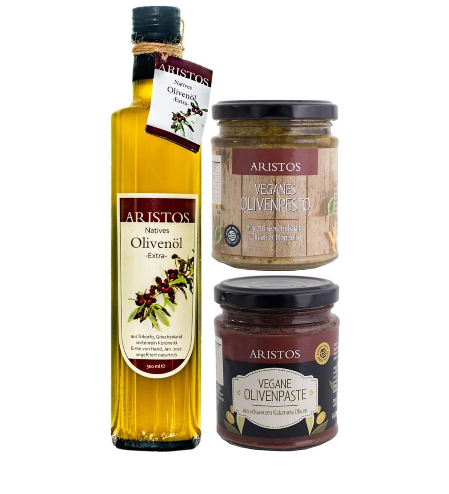 Aristos Bio Olive Oil Gourmet Gift Set - 500ml Cold-Pressed Extra Virgin Olive Oil & 2x Greek Tapenade | Ideal Easter Gift Set - Buy Online on SooperMarket.com