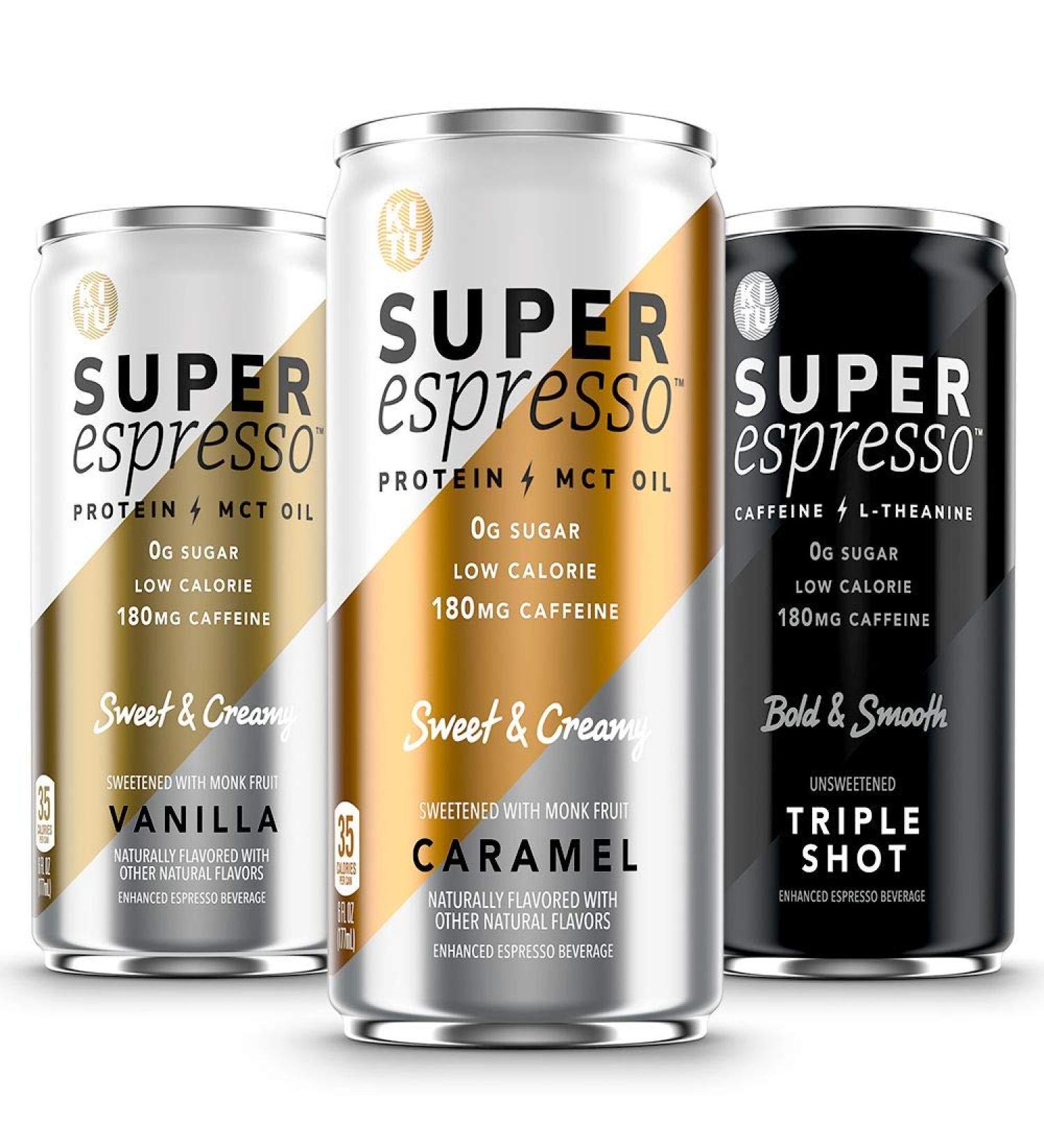 KITU SUPER Espresso Iced Keto Coffee Cans Variety Pack - 0g Sugar, 5g Protein, 35 Calories - 12 Pack of Vanilla, Caramel, Triple Shot Flavors | Iced & Canned Coffee from SUPER COFFEE Family - Buy Online on SooperMarket.com