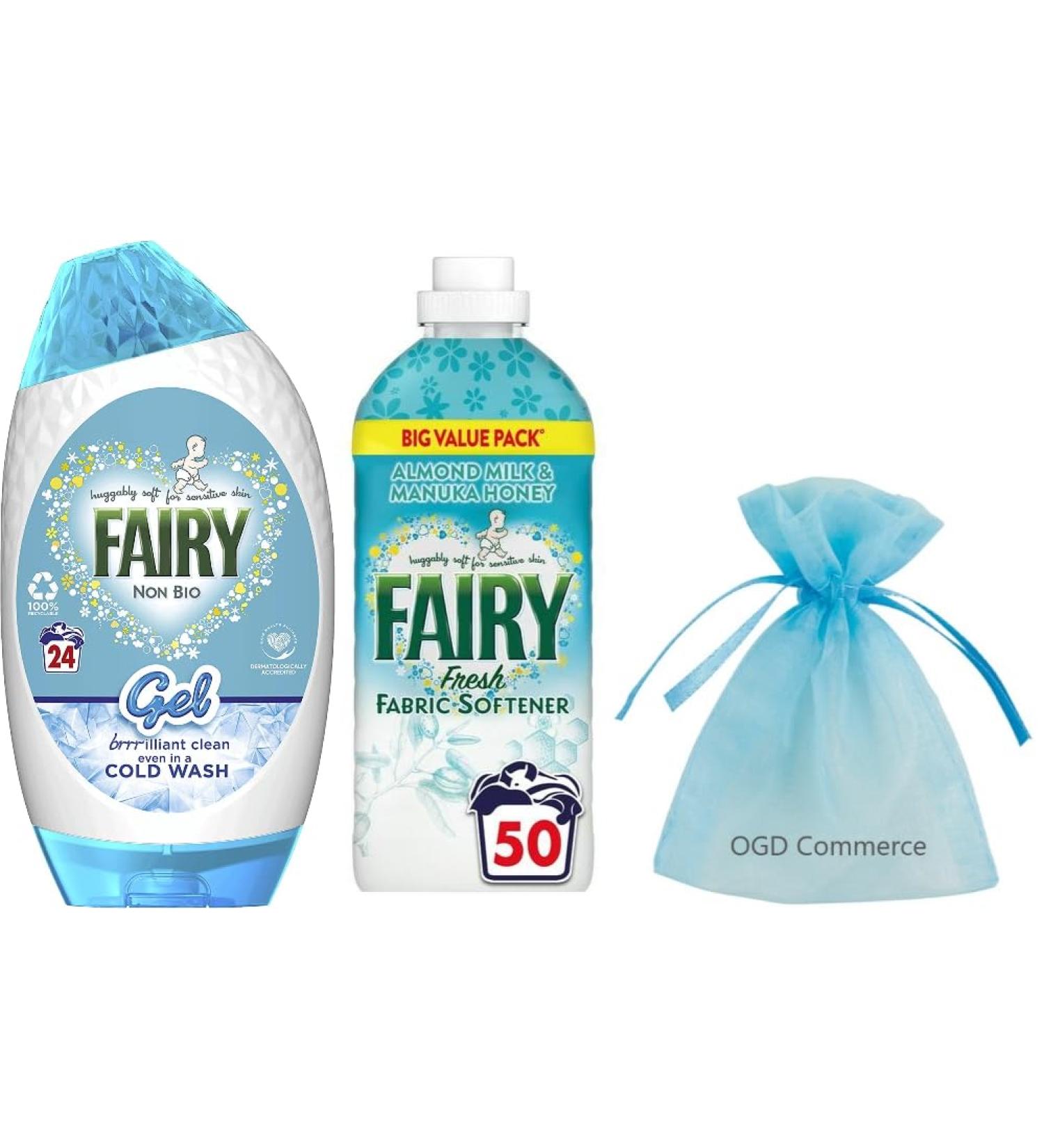 Fairy Non Bio Laundry Washing Gel 24w 840ml & Fairy Fresh Fabric Conditioner Snuggly Soft for Sensitive Skin 50 washes 1.65L Almond Milk & Manuka Honey Scent + for You: Organza Small Bag - Buy Online on SooperMarket.com