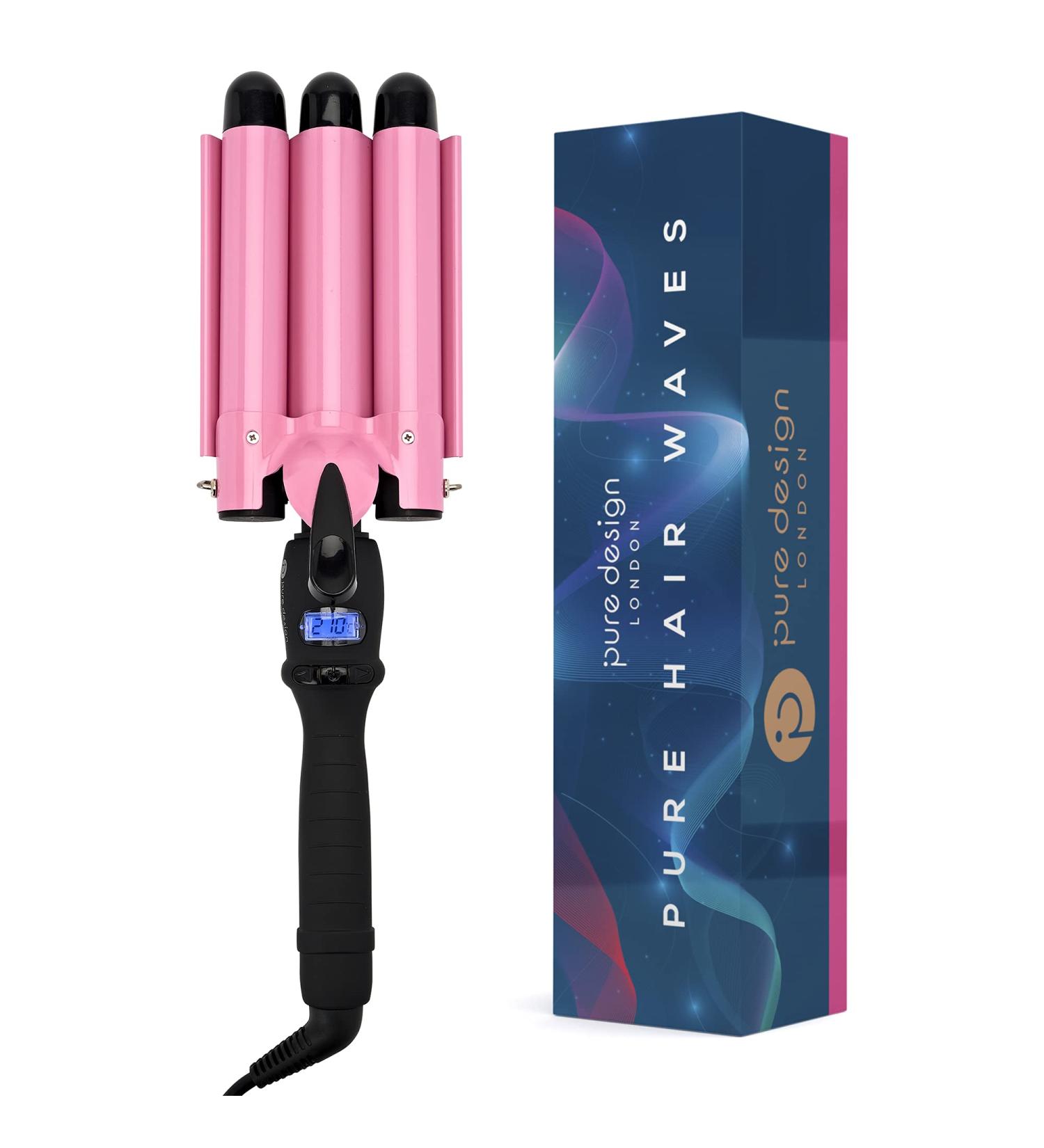 3 Barrel Curling Iron Wand - Triple Barrel Hair Waver for Soft Beach Waves - Dual Voltage, Adjustable Temperature - Pink - Buy Online on SooperMarket.com