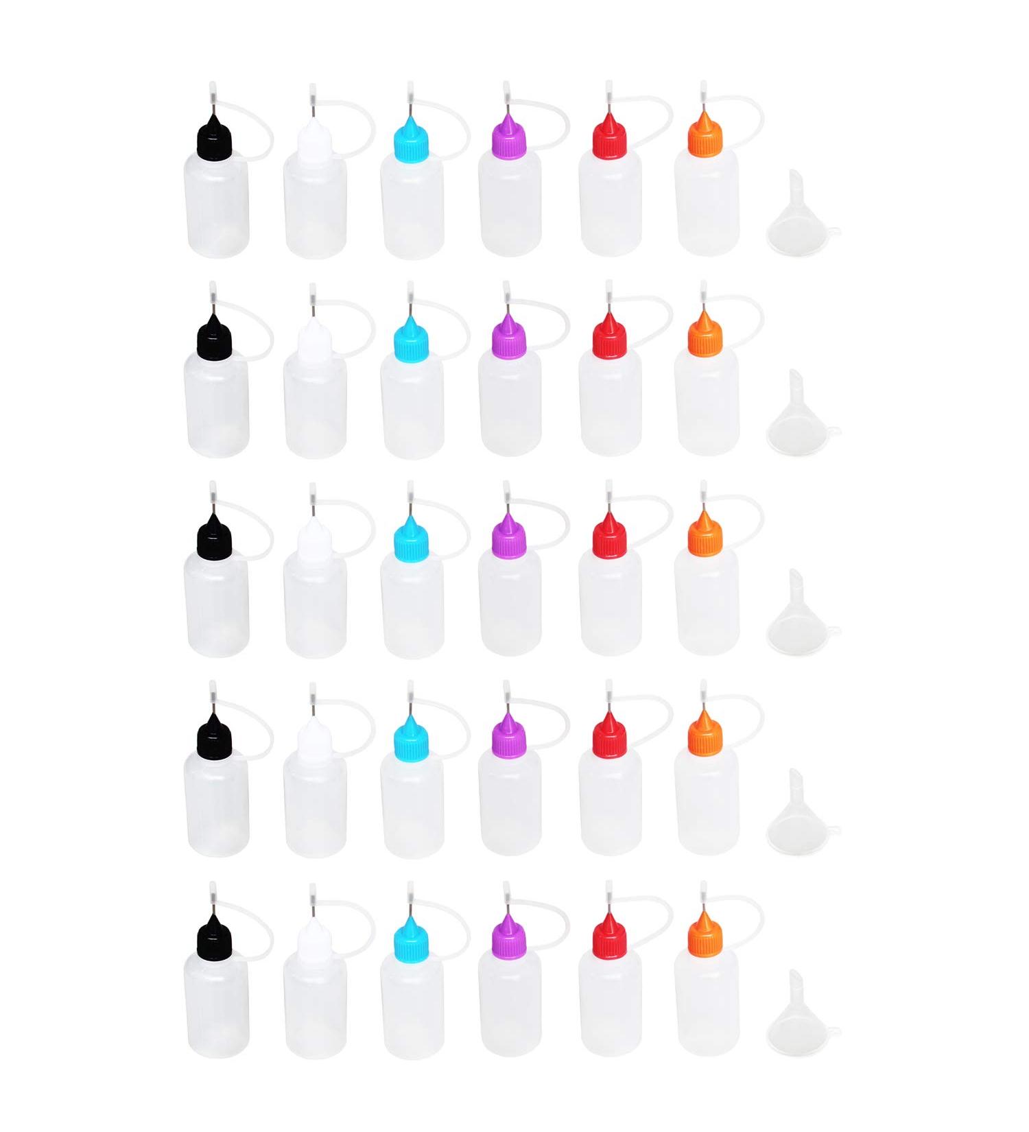 30 Pcs Precision Tip Applicator Bottles Set for DIY Quilling Craft and Acrylic Painting - 1oz Translucent Bottles with Colored Tips and Mini Funnels - Buy Online on SooperMarket.com