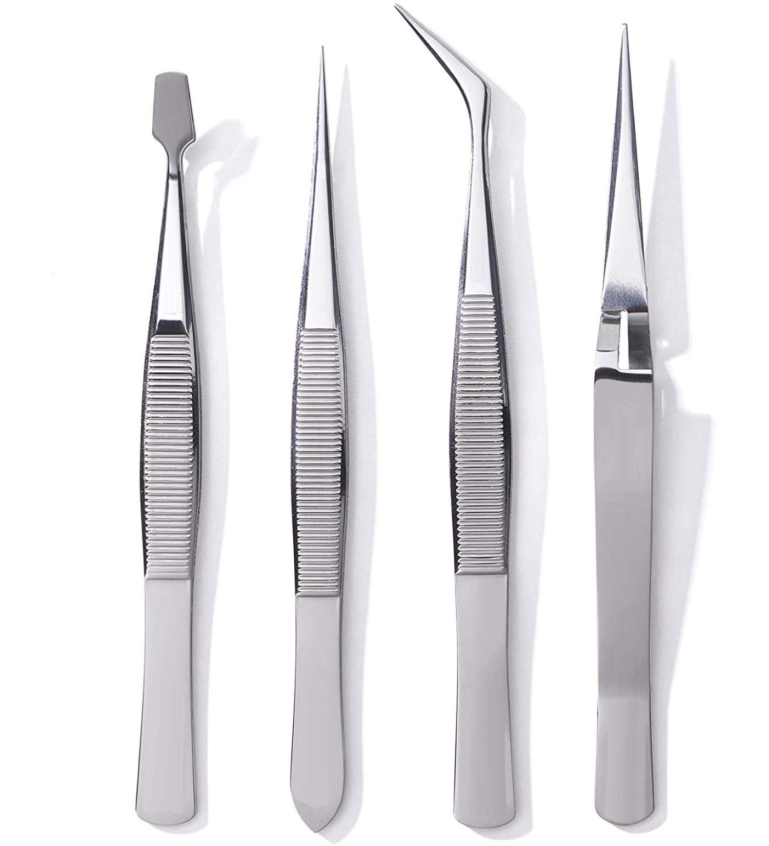 Edward Harden 4 Piece Stainless Steel Precision Tweezers Set - Tweezers for Jewelry  Cosmetic  Medical  Electronics - Anti Magnetic/Acid Resistant - Slant Tip  Point Tip  Round  Reverse Action