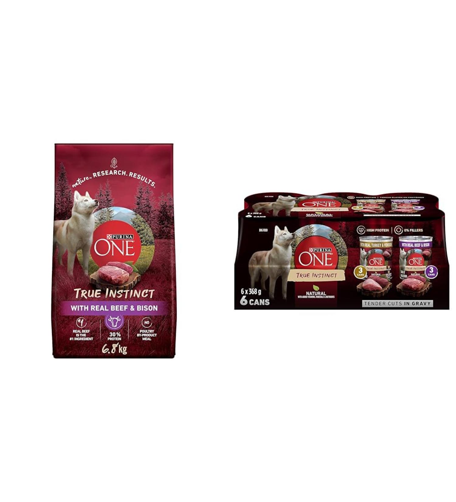 Purina ONE True Instinct High Protein Dry Dog Food Beef & Bison - 6.8 kg Bag & Tender Cuts True Instinct Wet Dog Food in Gravy Variety Pack 2 Flavours - 368 g Can (6 Pack) - Buy Online on SooperMarket.com