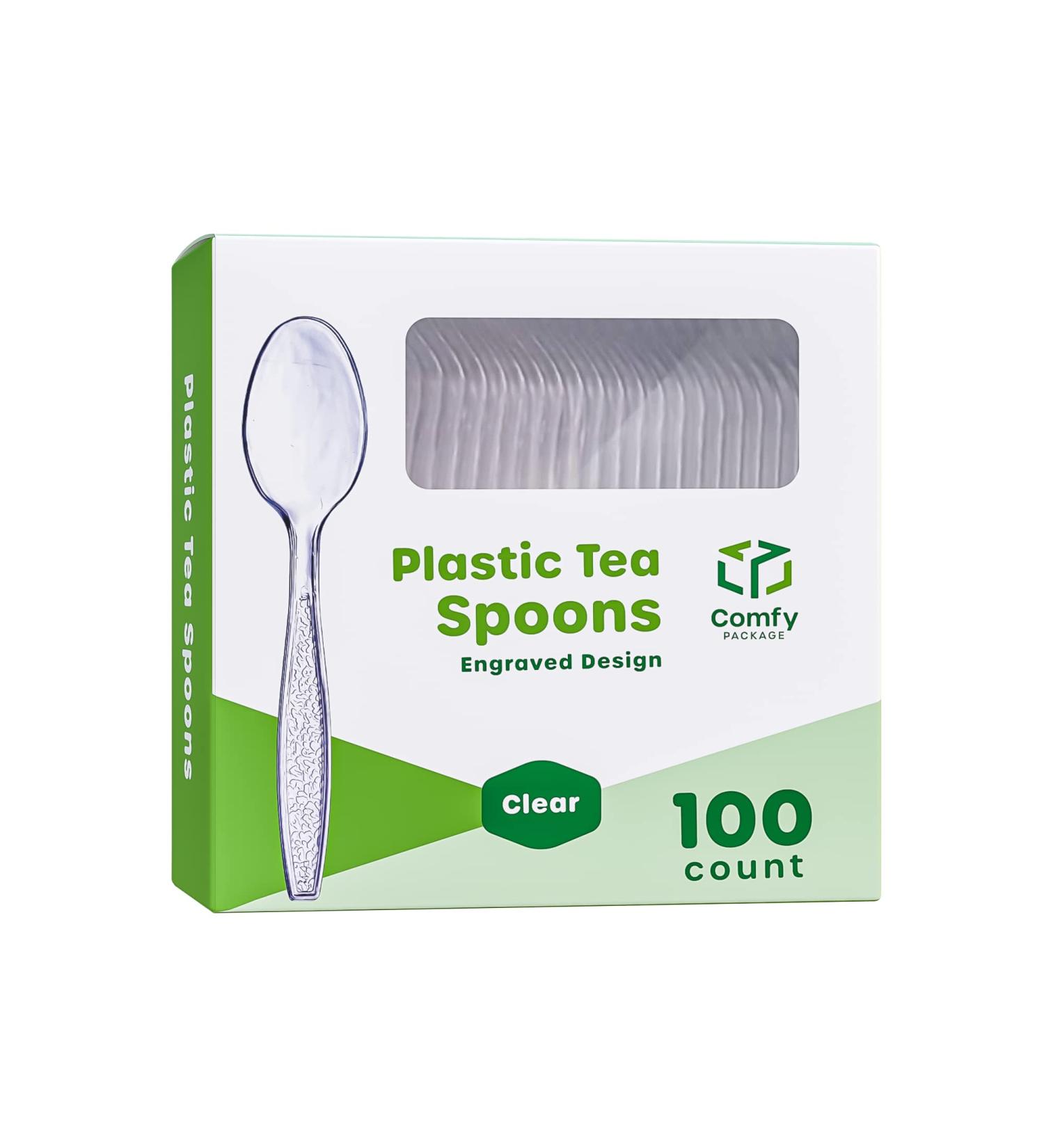 100 Pack Clear Plastic Tea Spoons - Heavyweight Disposable - Engraved Design - Buy Online on SooperMarket.com