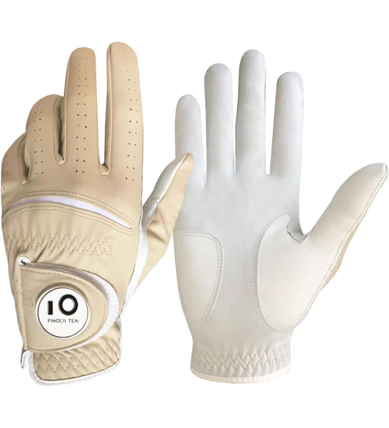 Finger Ten Men's Golf Gloves - All-Weather Leather with Ball Marker Left & Right Options | 1-Piece Khaki - Buy Online on SooperMarket.com