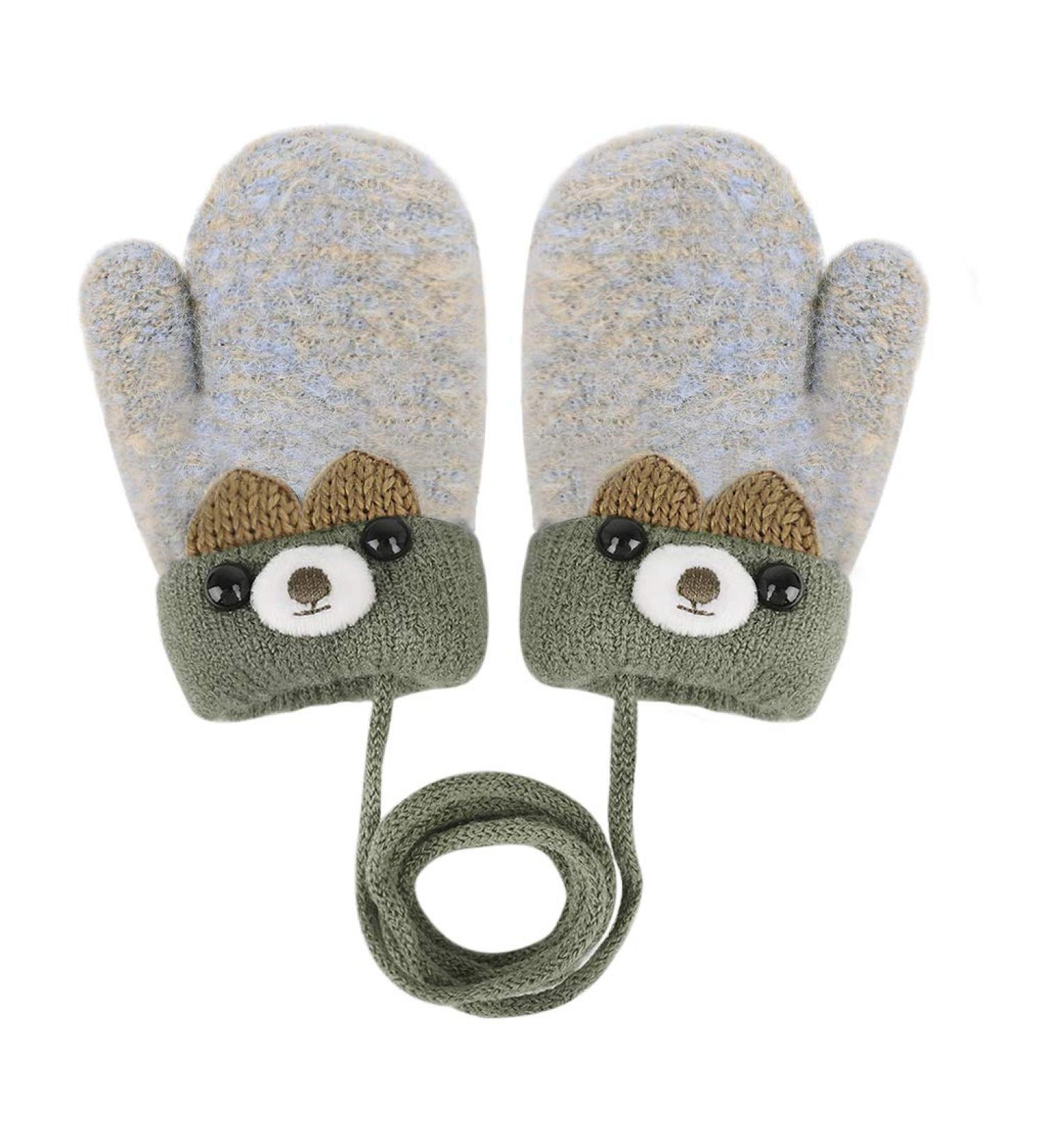 Cute Cartoon Kids Knitted Winter Gloves with Rope - Thick Plush Fleece Lined Hand Warmer for Boys and Girls - Buy Online on SooperMarket.com