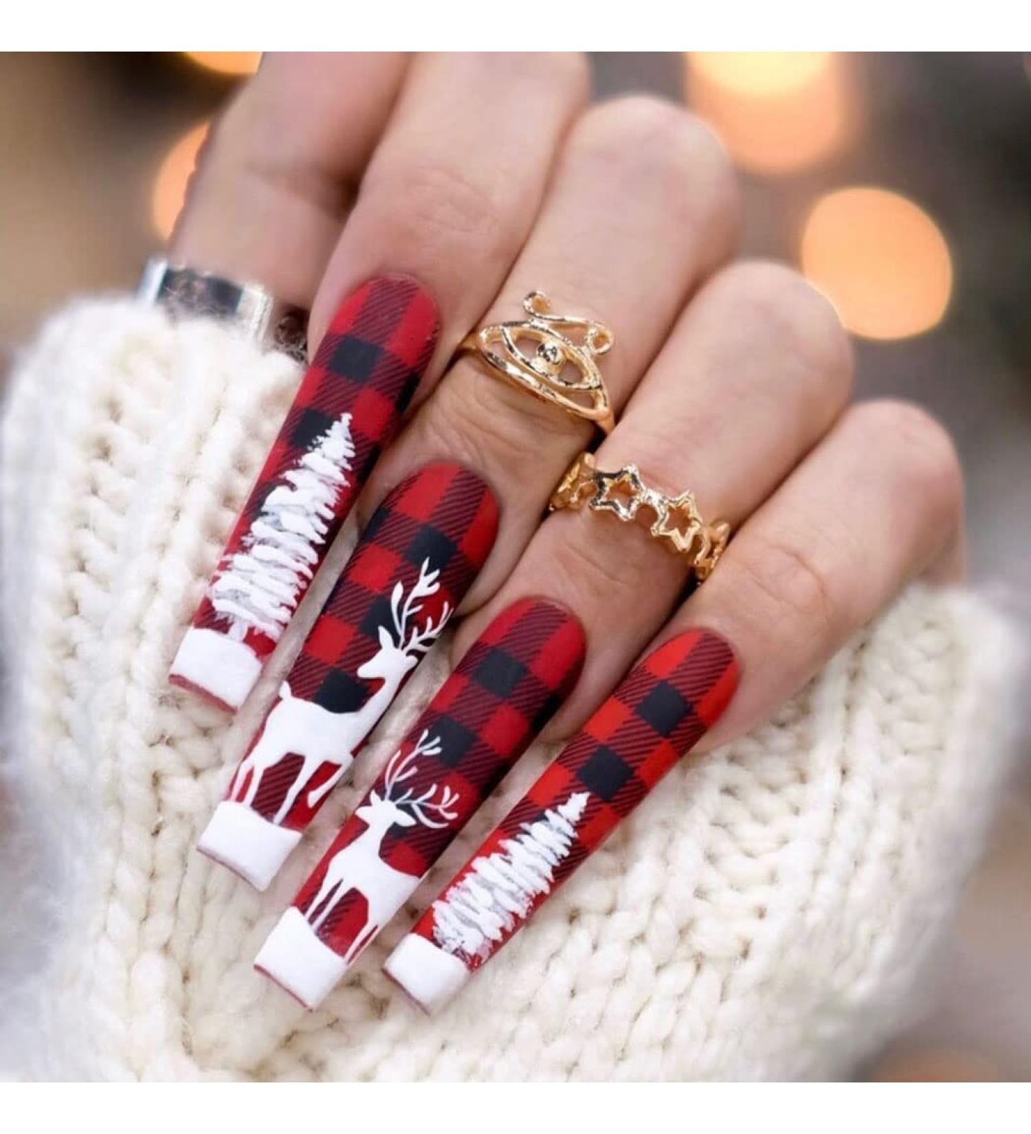 Vatocu Christmas False Nails - Long Xmas Press on Nails with Snowflakes Glitter - 24pcs Ballerina Acrylic Stick on Nails for Women and Girls - Buy Online on SooperMarket.com