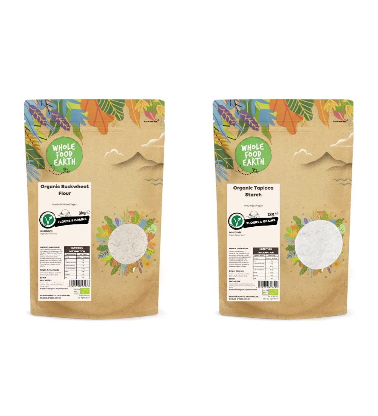 Wholefood Earth Organic Buckwheat Flour 3 kg | Raw GMO Free & Vegan | Certified Organic & Organic Tapioca Starch 2 kg | GMO Free | Vegan | Certified Organic + Tapioca Starch 3 kg (Pack of 1) - Buy Online on SooperMarket.com