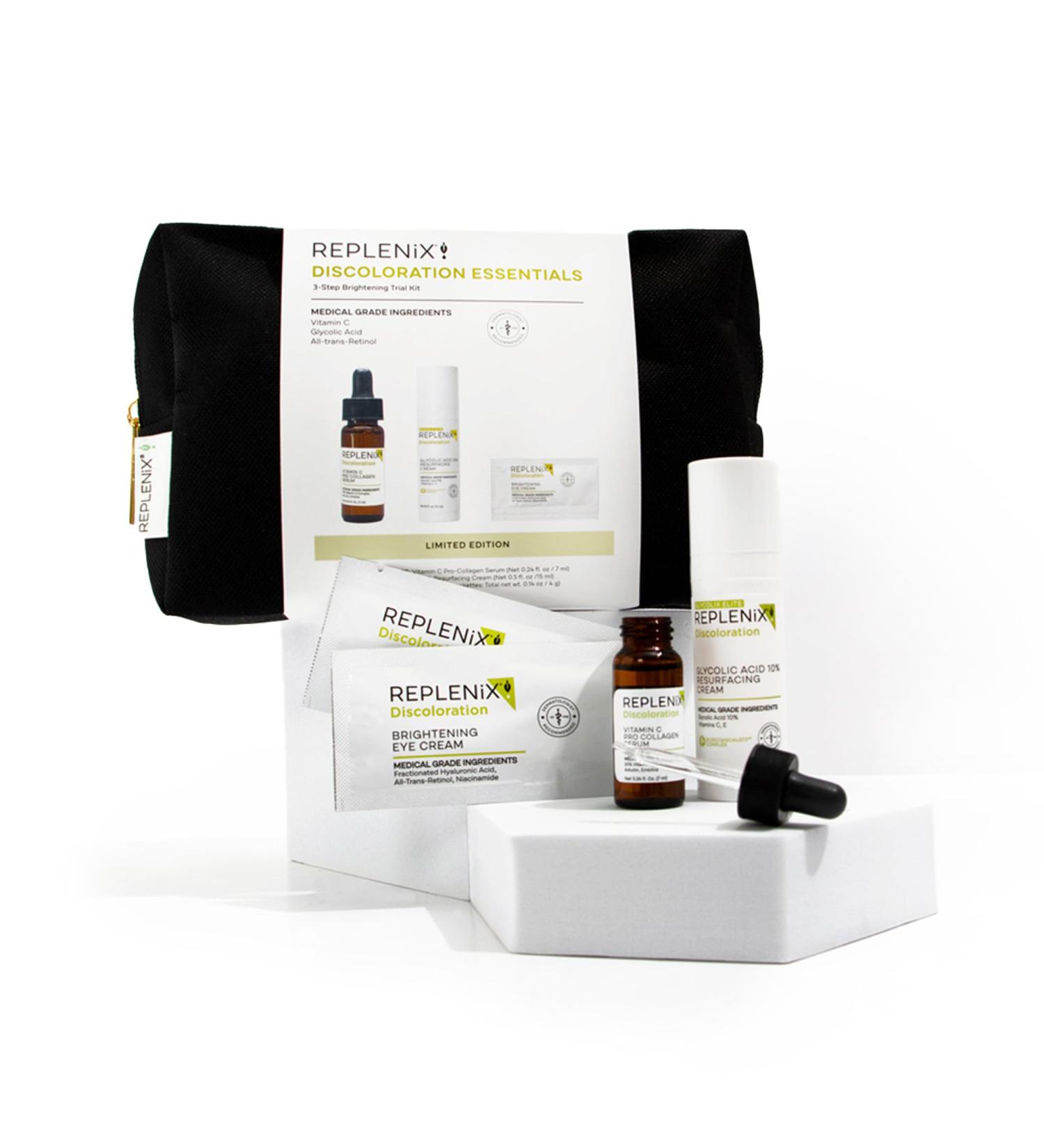 Replenix Discoloration Essentials 3 Step Brightening Trial Kit - Travel-Size Glycolic Acid Cream Vitamin C Serum & Brightening Eye Cream for Radiant Skin - Buy Online on SooperMarket.com