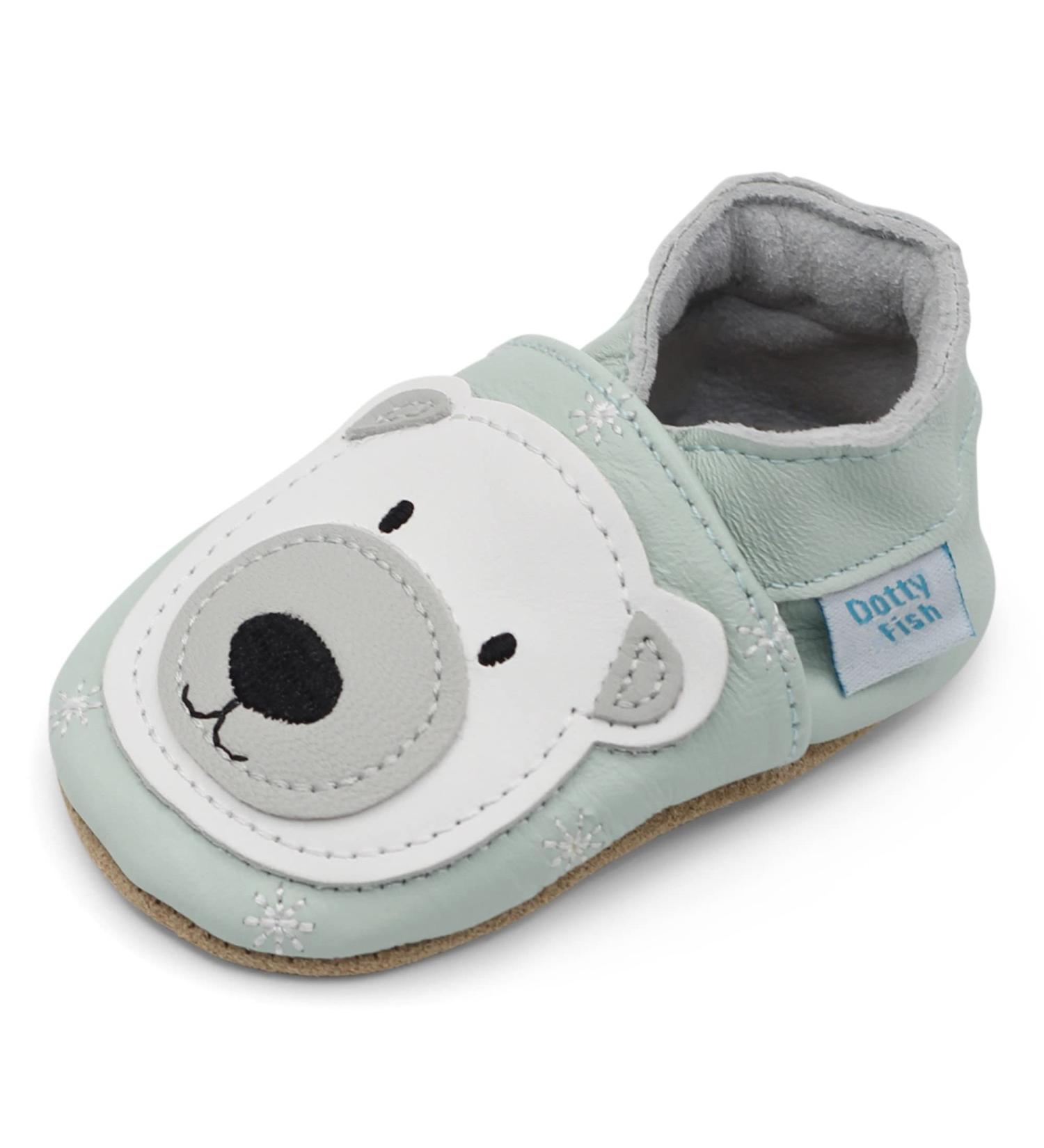 Dotty Fish Soft Leather Baby Shoes for Boys | Non Slip Toddler Shoes with Ice Blue Polar Bear Design | Sizes 0-6 Months to 4-5 Years - Buy Online on SooperMarket.com