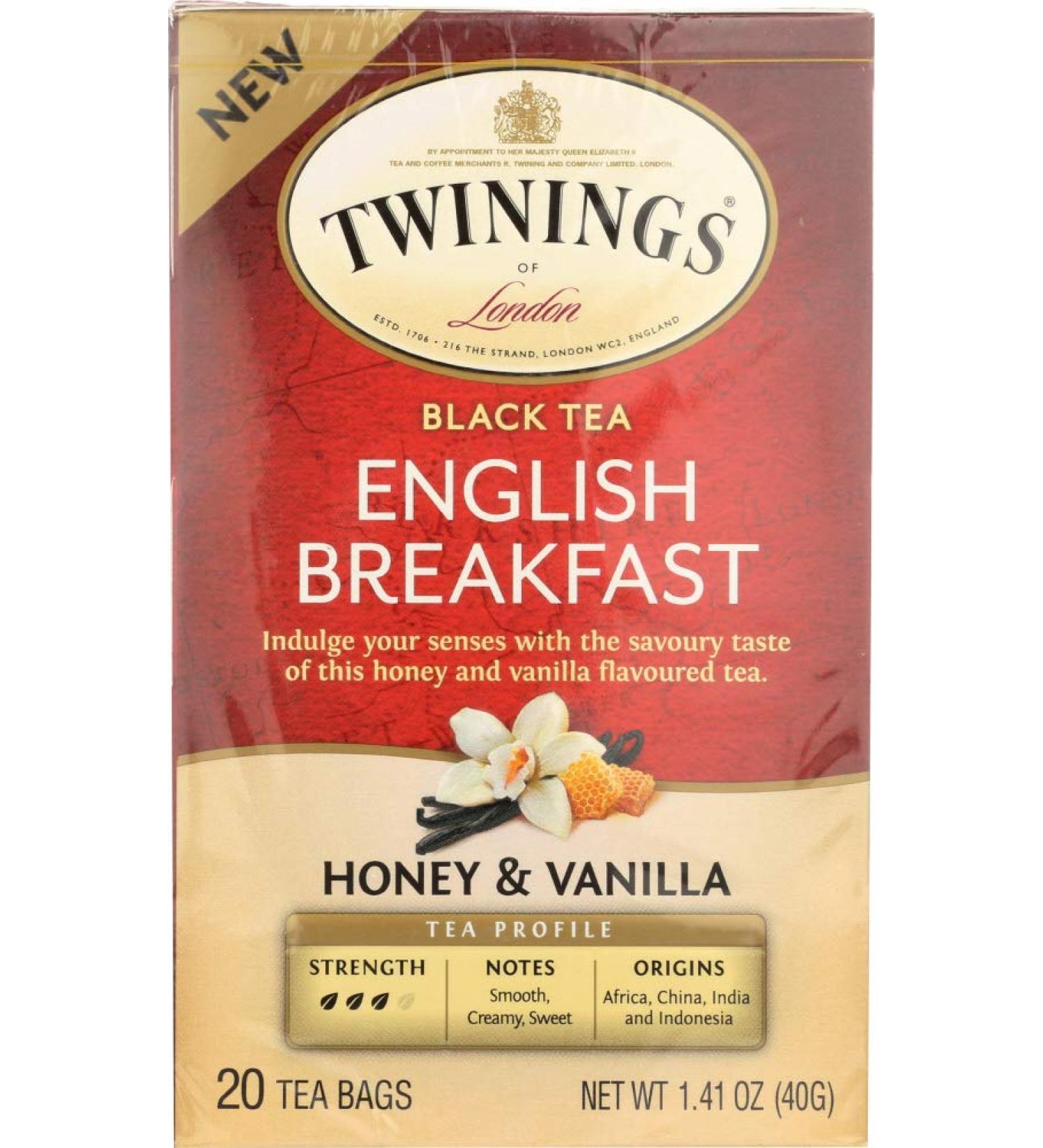 Twinings English Breakfast Honey & Vanilla Tea Bags, 20 Count