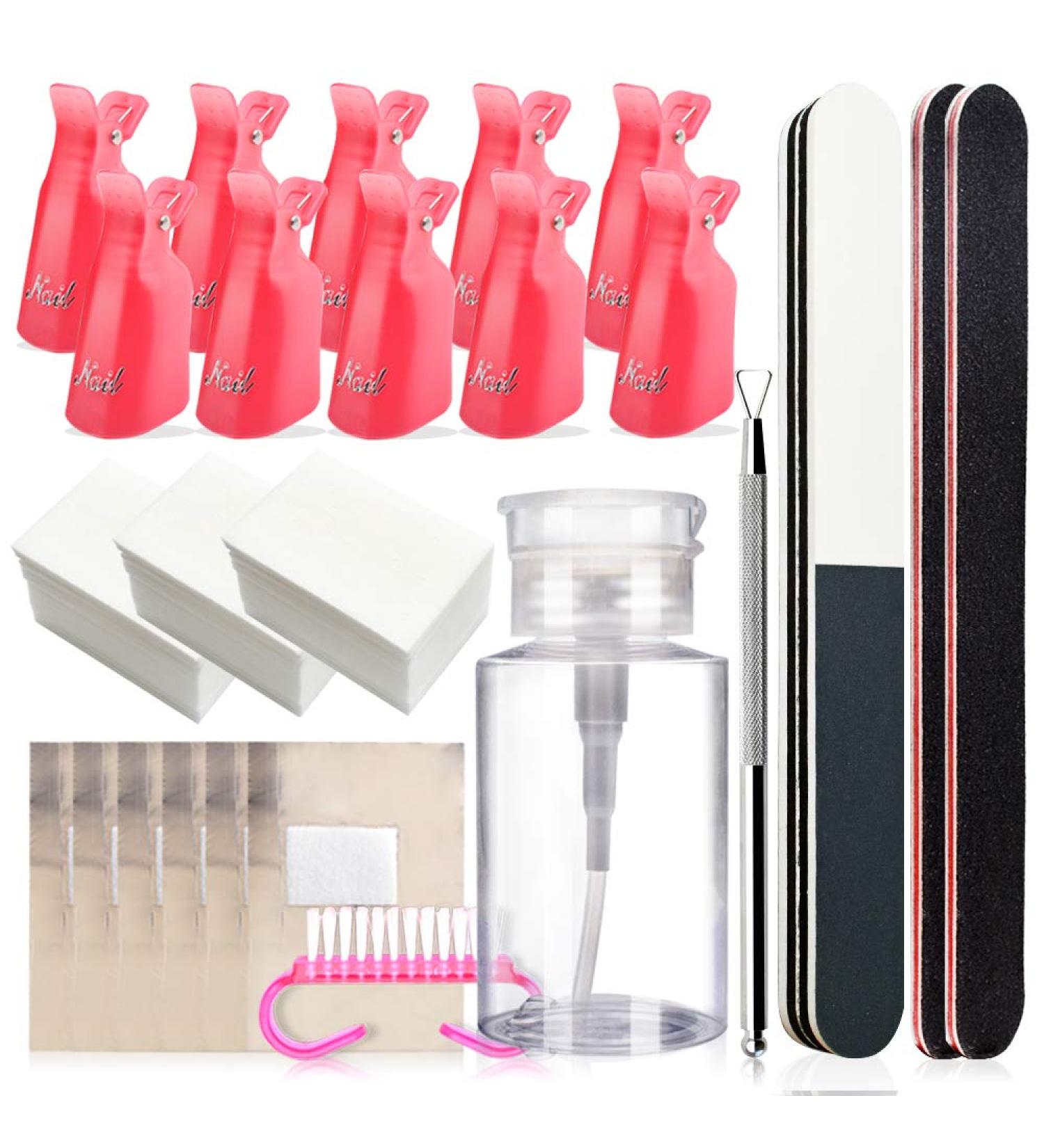 Professional Gel Nail Polish Remover Kit - Acetone Pump Dispenser, Nail Clips, Foil Wraps, Pusher & Brush - Acrylic/UV Gel/Soak-Off Polish Removal - Pink - Buy Online on SooperMarket.com