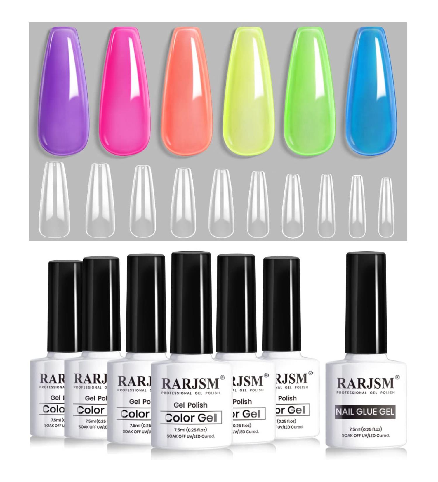 RARJSM Translucent Neon Jelly Gel Nail Polish Set - 6 Colors with Long Fake Nails in Gift Package - Buy Online on SooperMarket.com