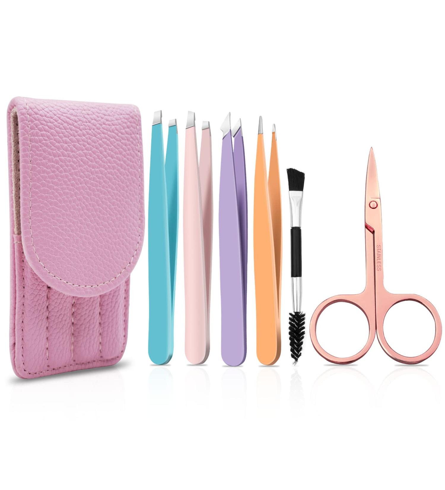 6-Piece Professional Stainless Steel Tweezers Set in Pink Leather Case - Buy Online on SooperMarket.com
