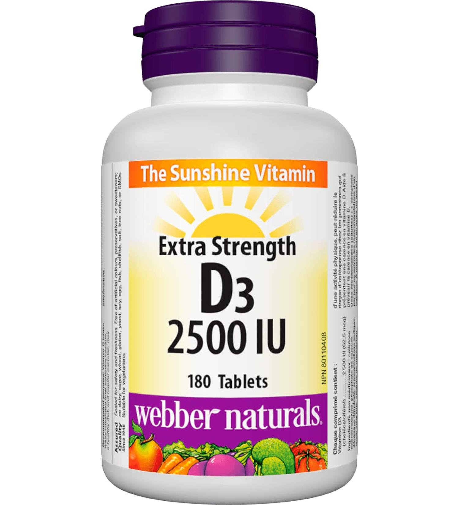 Webber Naturals Vitamin D3 2500 IU Extra Strength 180 Tablets For Healthy Bones Teeth and Helps Prevent Vitamin D Deficiency - Buy Online on SooperMarket.com