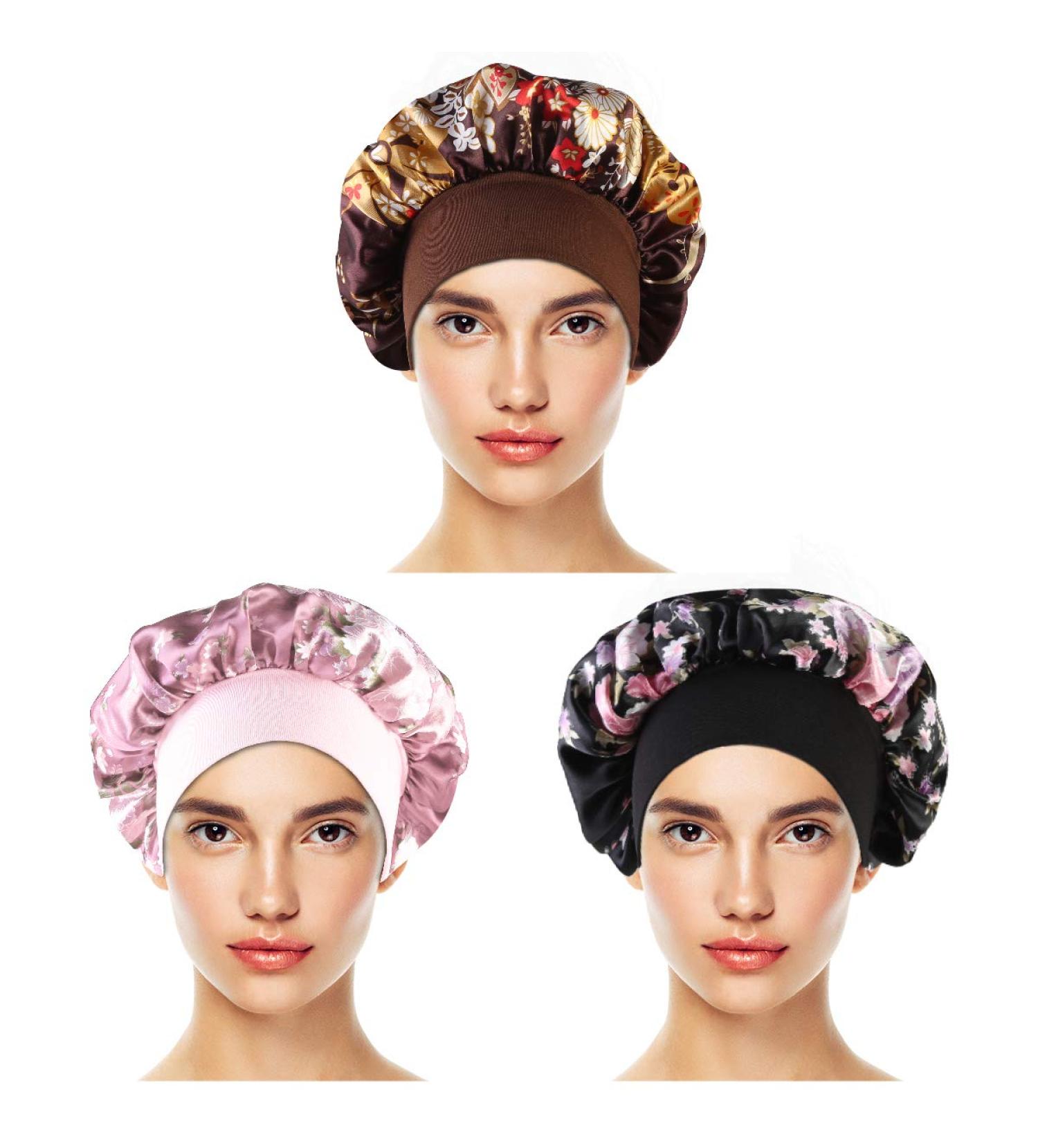 Yinuoday 3Pcs Satin Sleeping Cap for Women - Soft Night Hair Cap in Coffee Black & Pink - Perfect for Hair Protection - Buy Online on SooperMarket.com